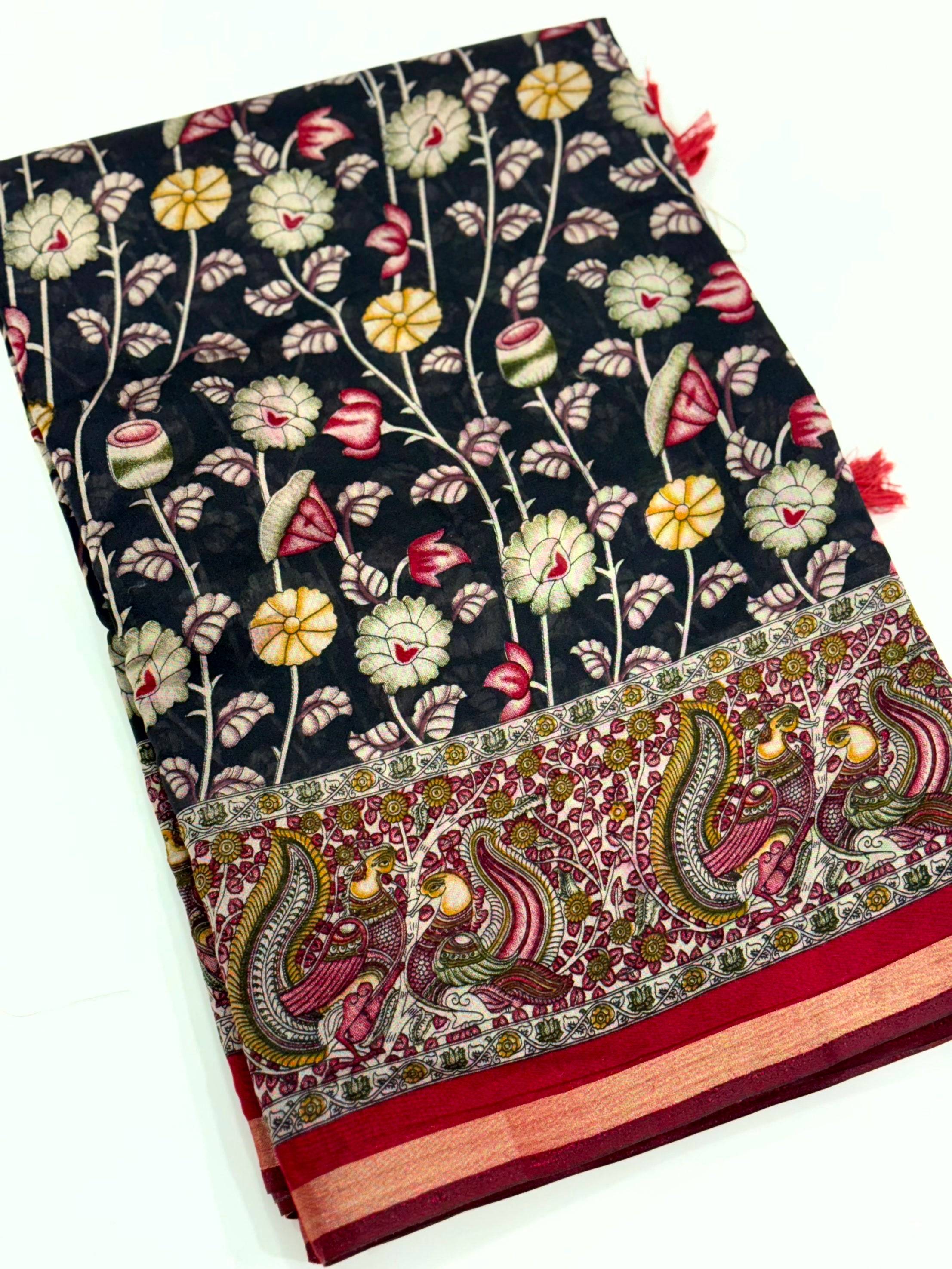 Black Mal Cotton Pen Kalamkari Saree