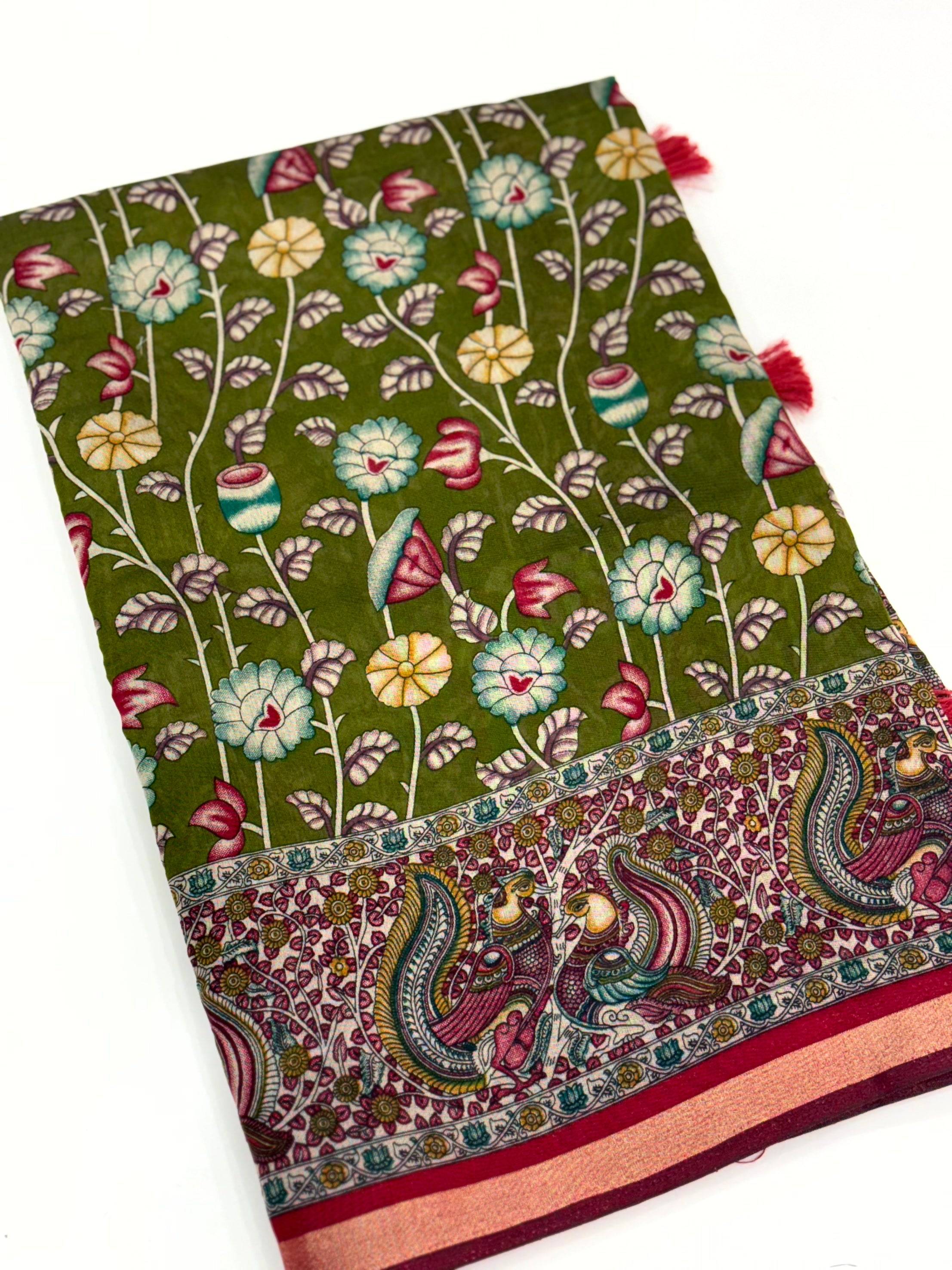 Green Mal Cotton Pen Kalamkari Saree