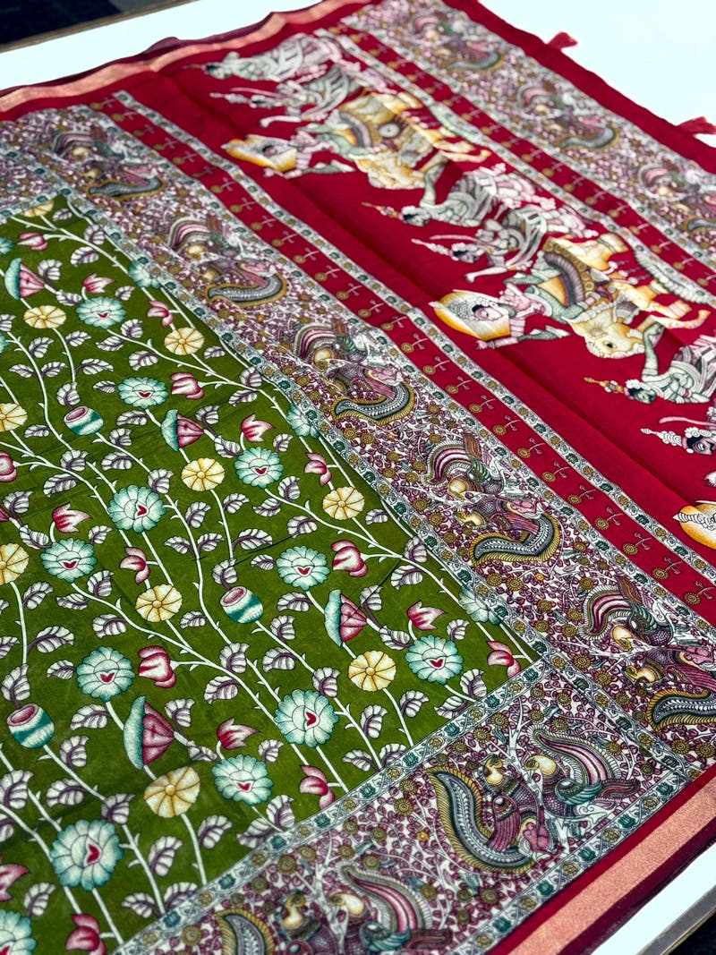 Green Mal Cotton Pen Kalamkari Saree