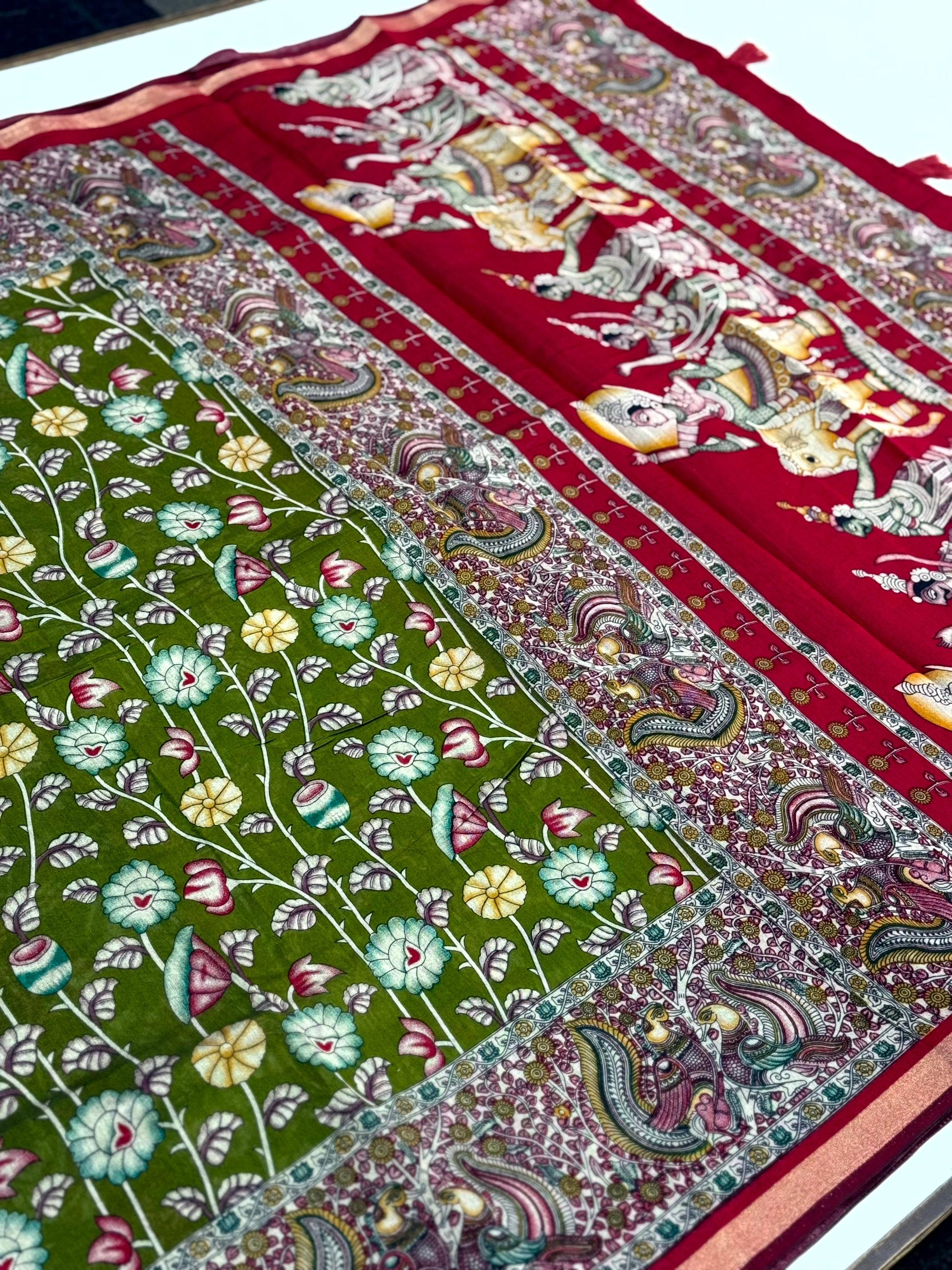 Green Mal Cotton Pen Kalamkari Saree