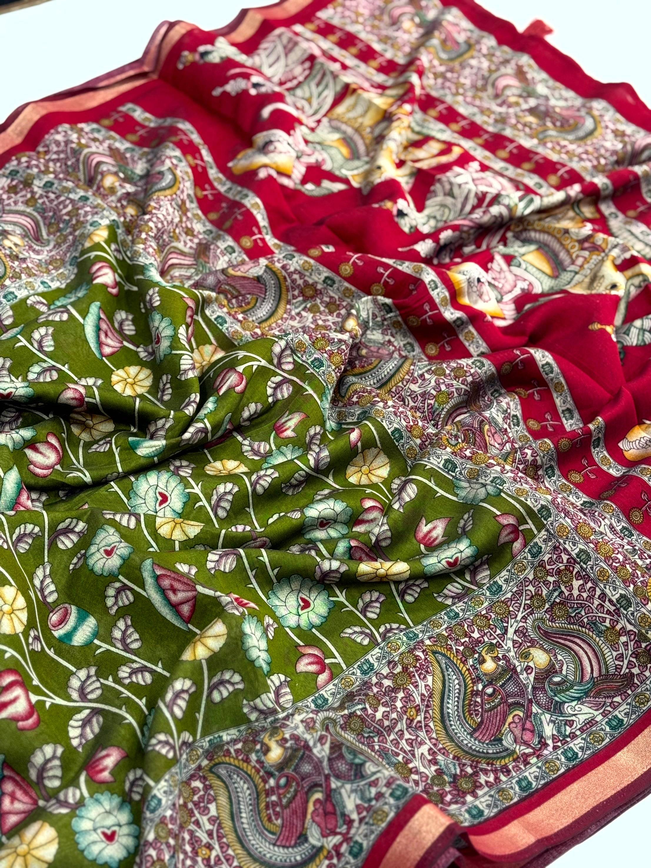 Green Mal Cotton Pen Kalamkari Saree