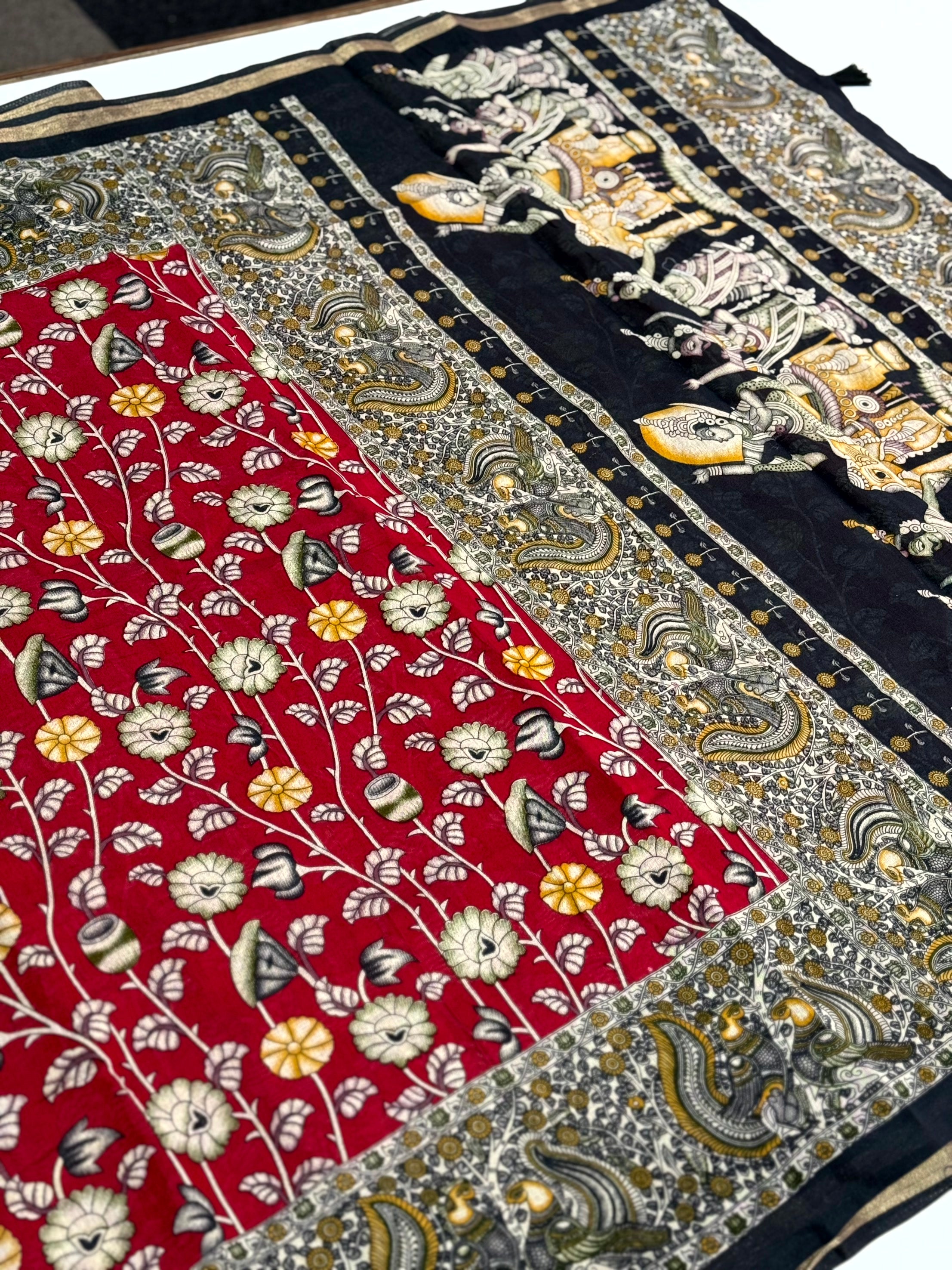 Red Mal Cotton Pen Kalamkari Saree