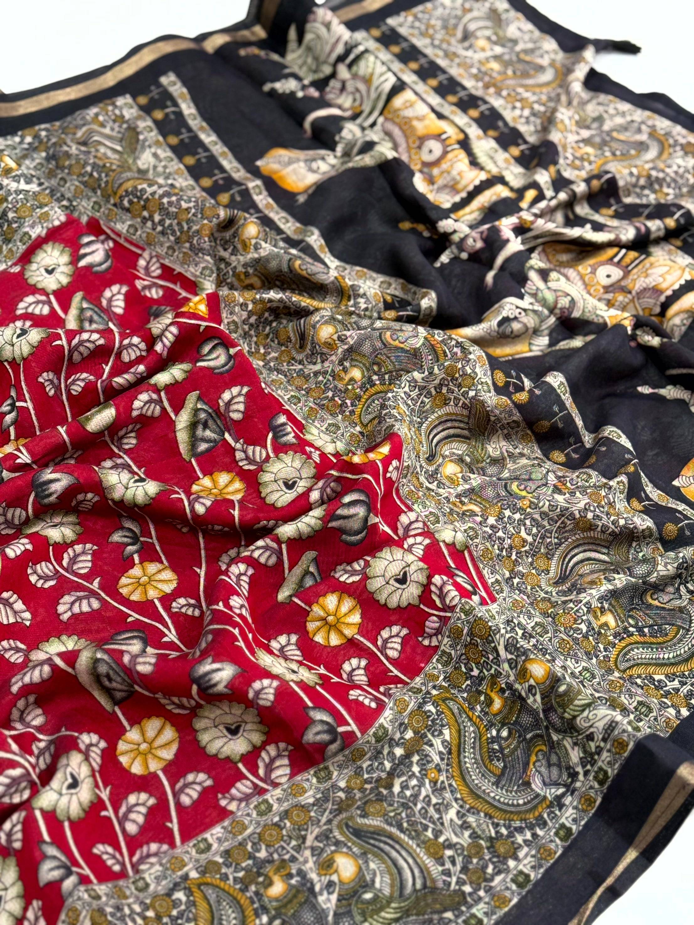 Red Mal Cotton Pen Kalamkari Saree