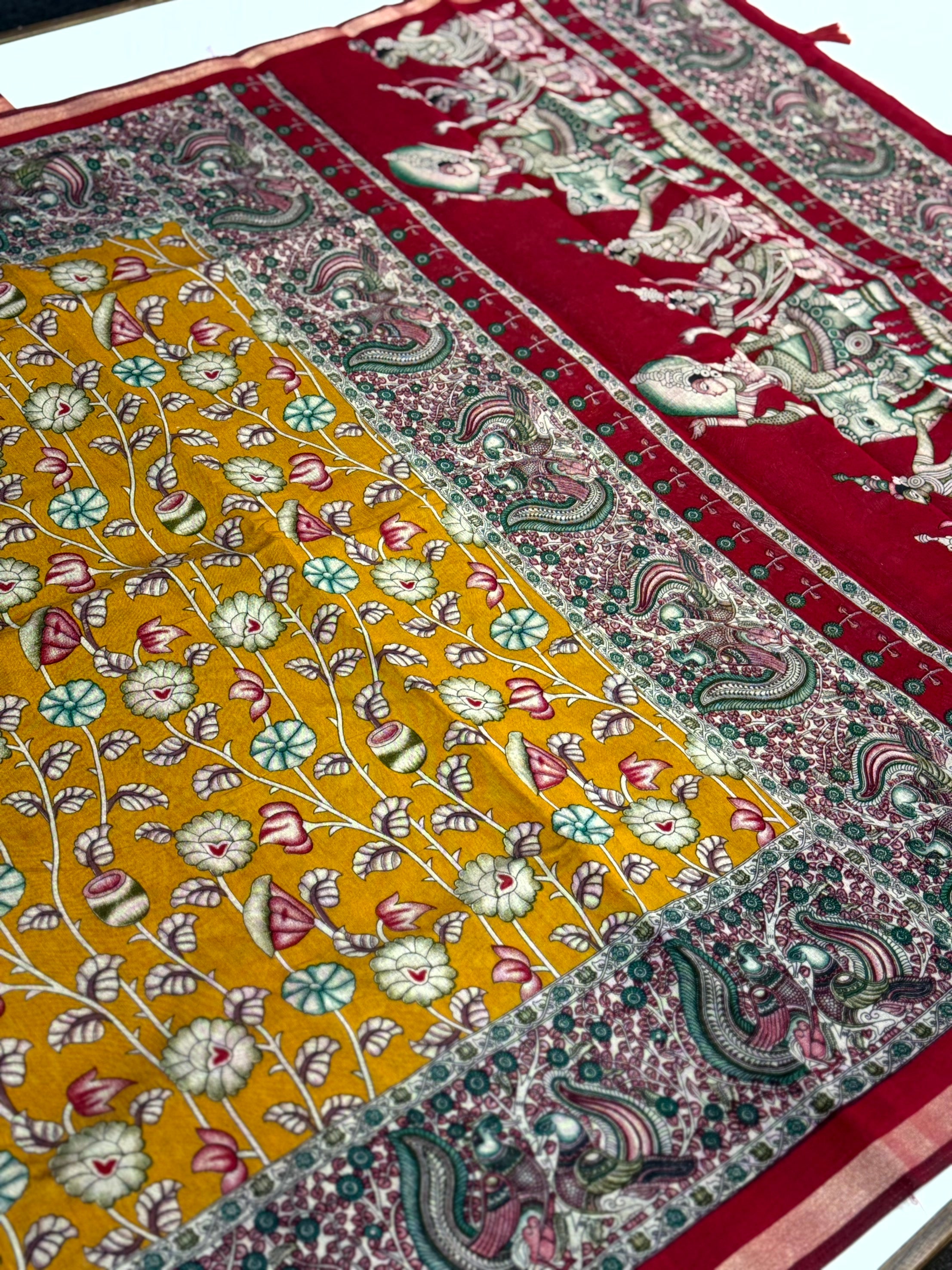 Yellow Mal Cotton Pen Kalamkari Saree