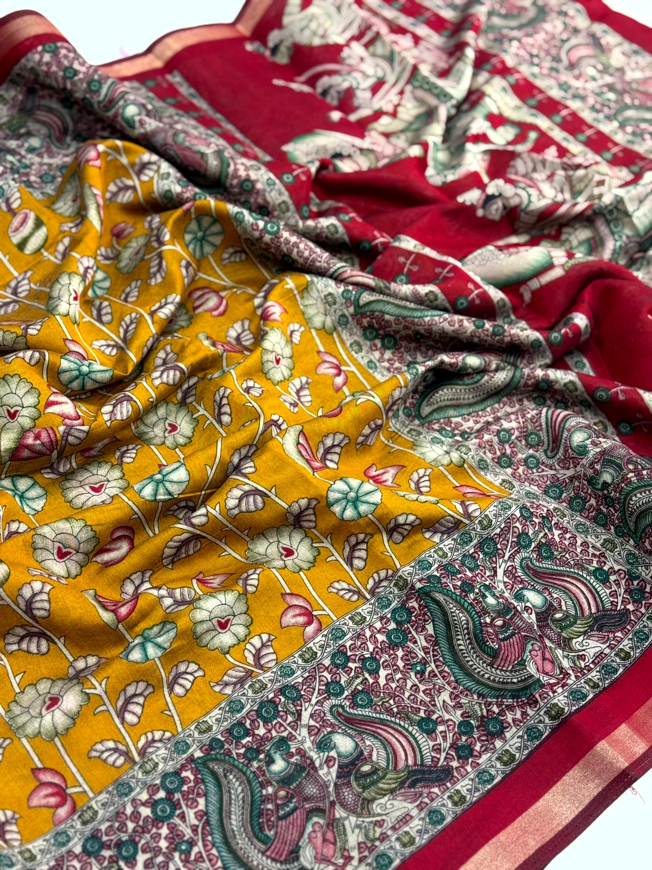 Yellow Mal Cotton Pen Kalamkari Saree