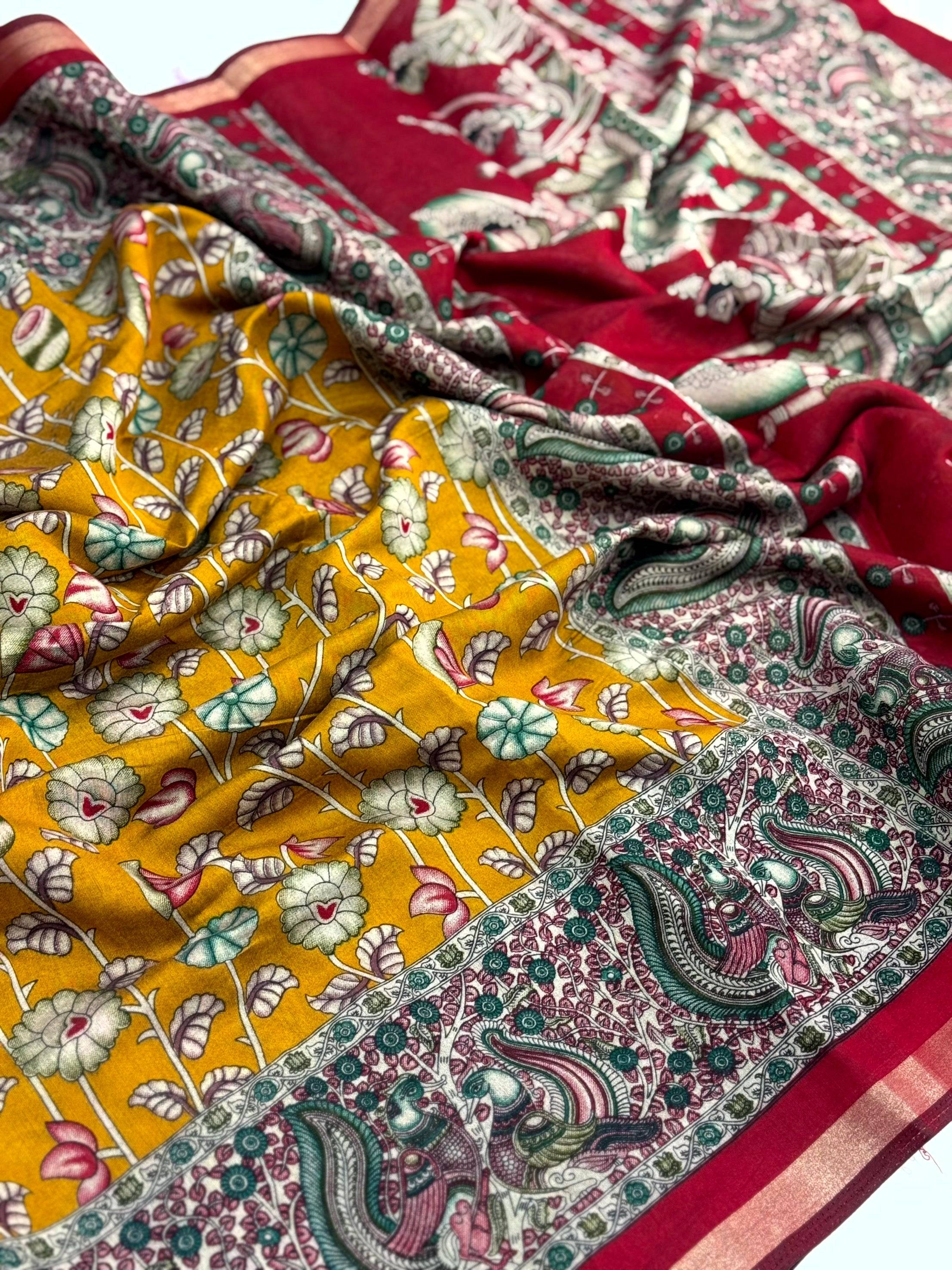 Yellow Mal Cotton Pen Kalamkari Saree