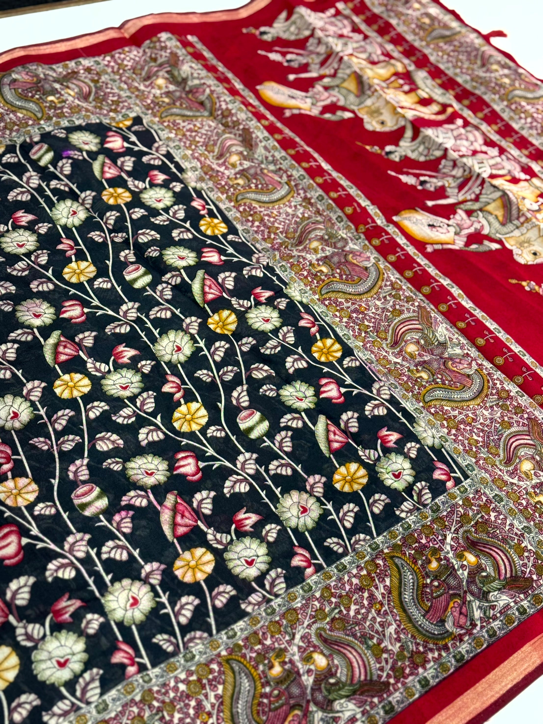 Black Mal Cotton Pen Kalamkari Saree