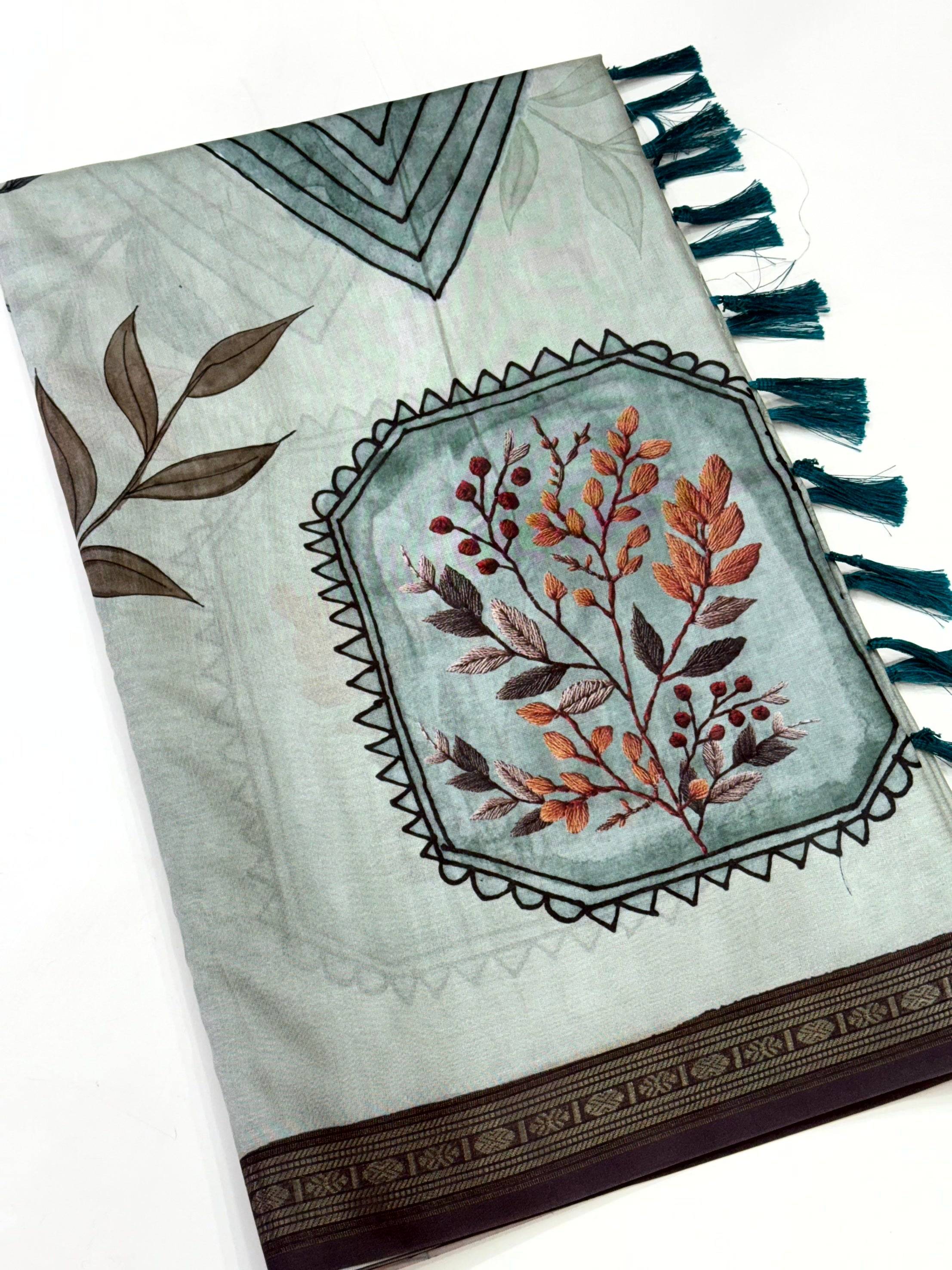 Elegant Rudraksh Border Floral Saree