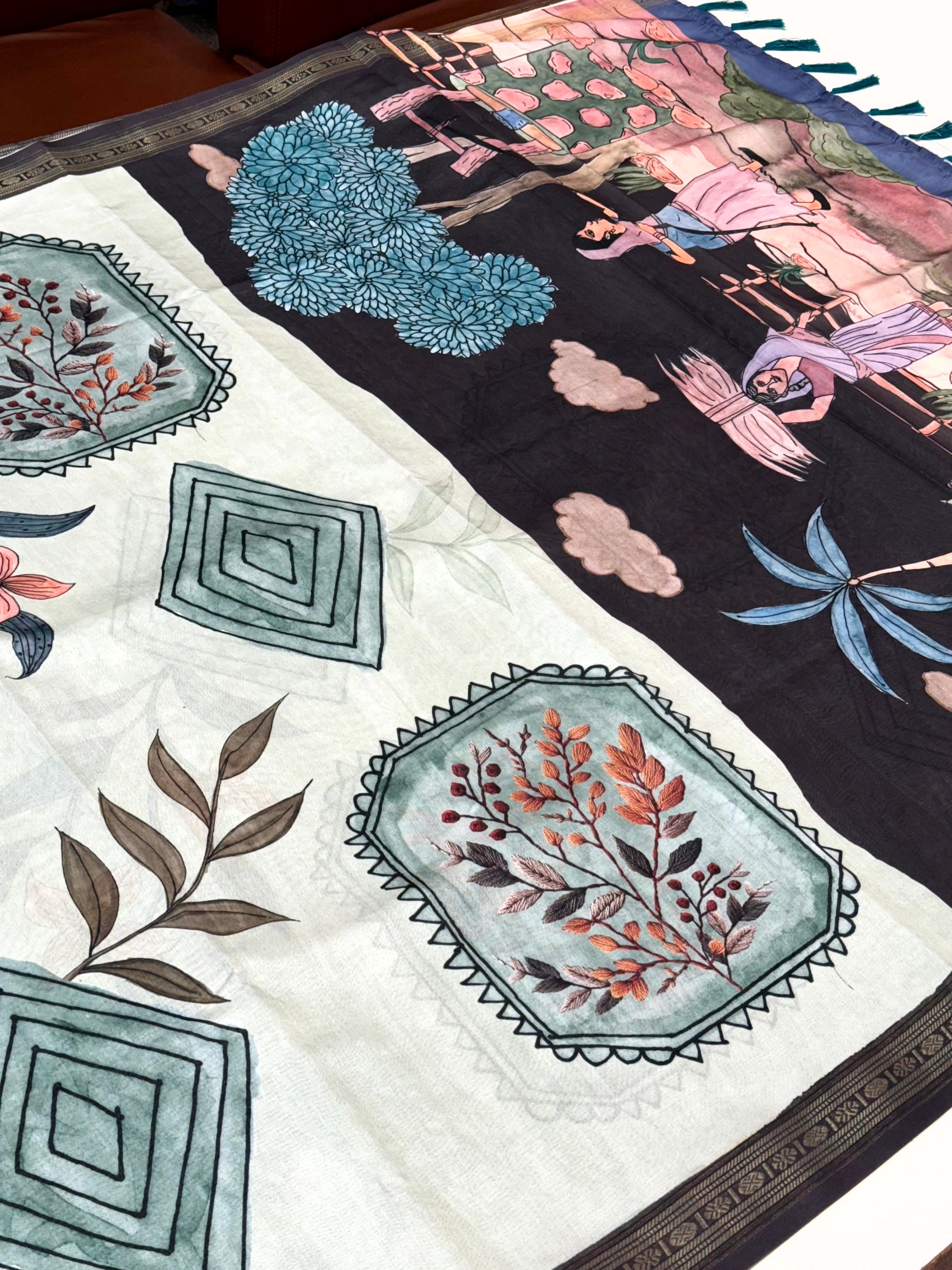 Elegant Rudraksh Border Floral Saree