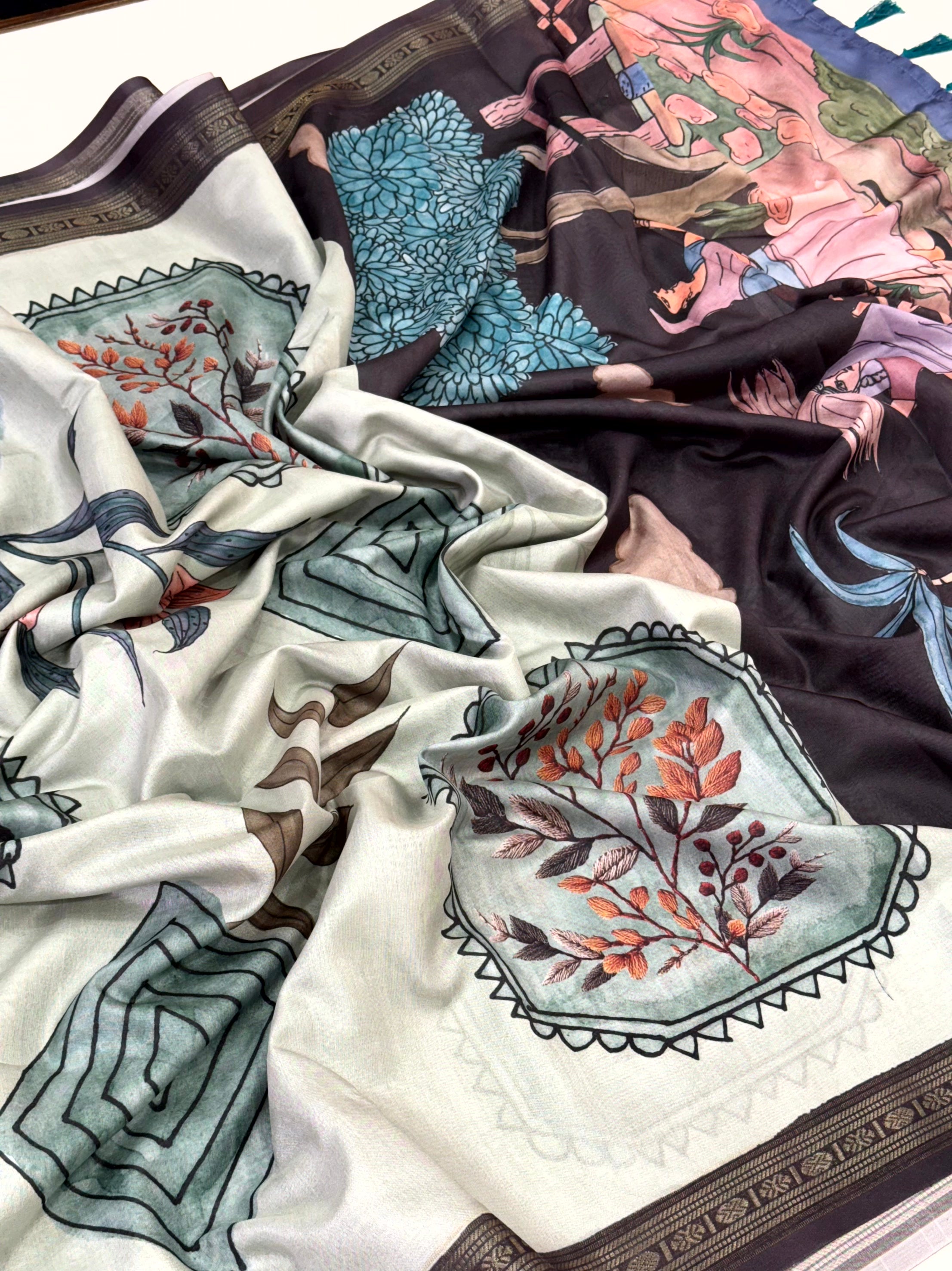 Elegant Rudraksh Border Floral Saree