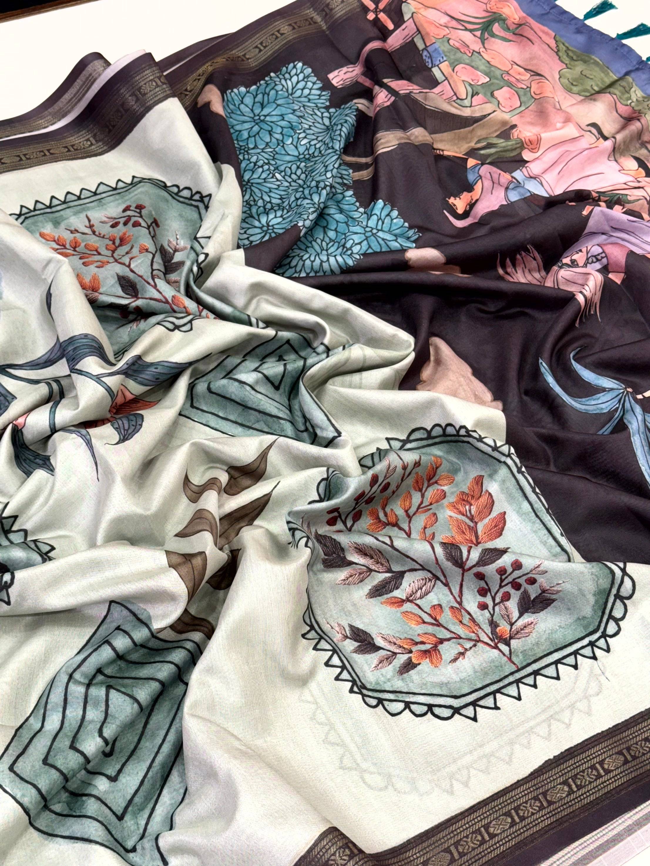 Elegant Rudraksh Border Floral Saree