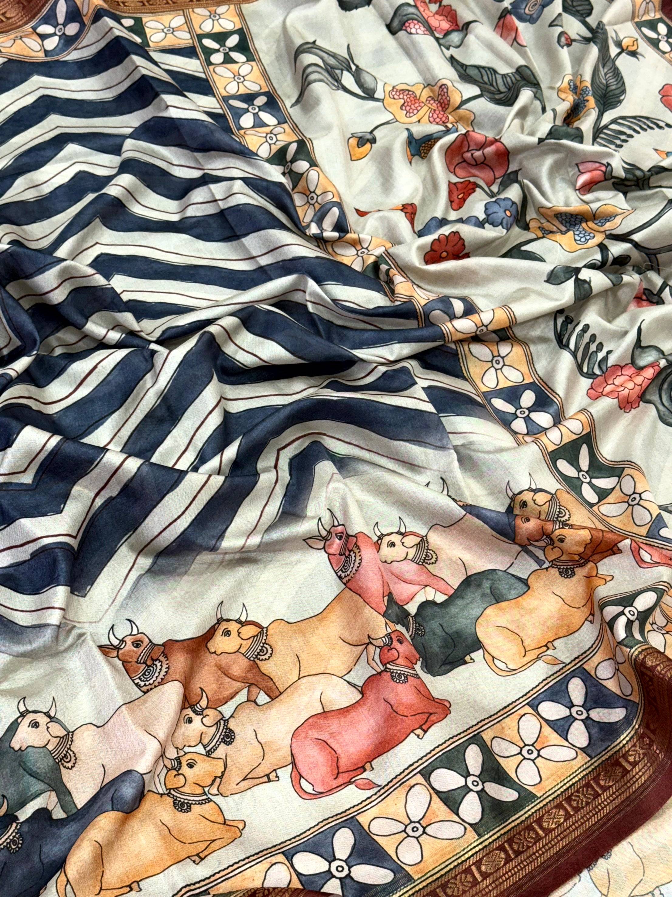 Elegant Soft Silk Ikkat Kalamkari Saree