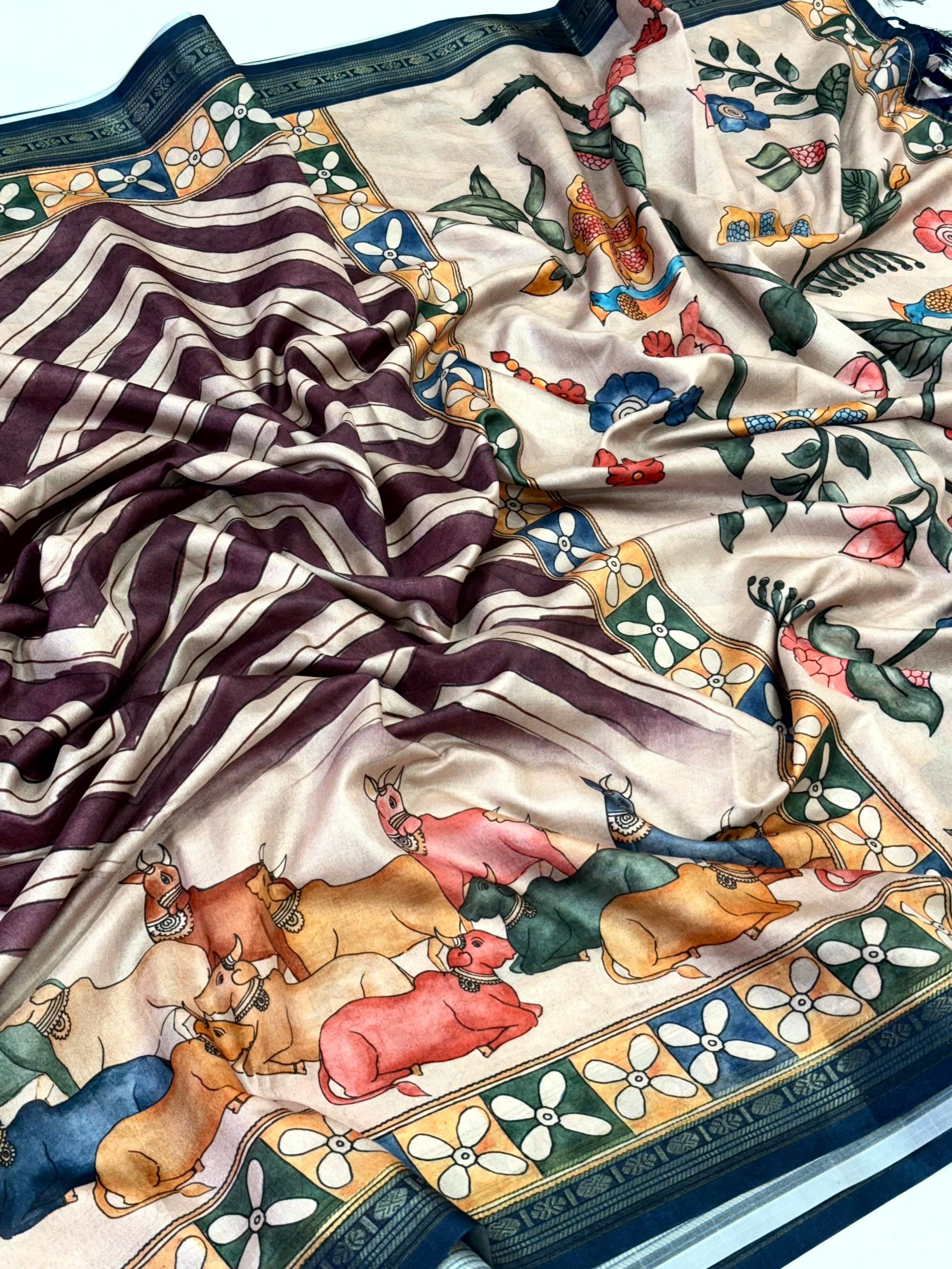 Artistic Soft Silk Ikkat Kalamkari Saree