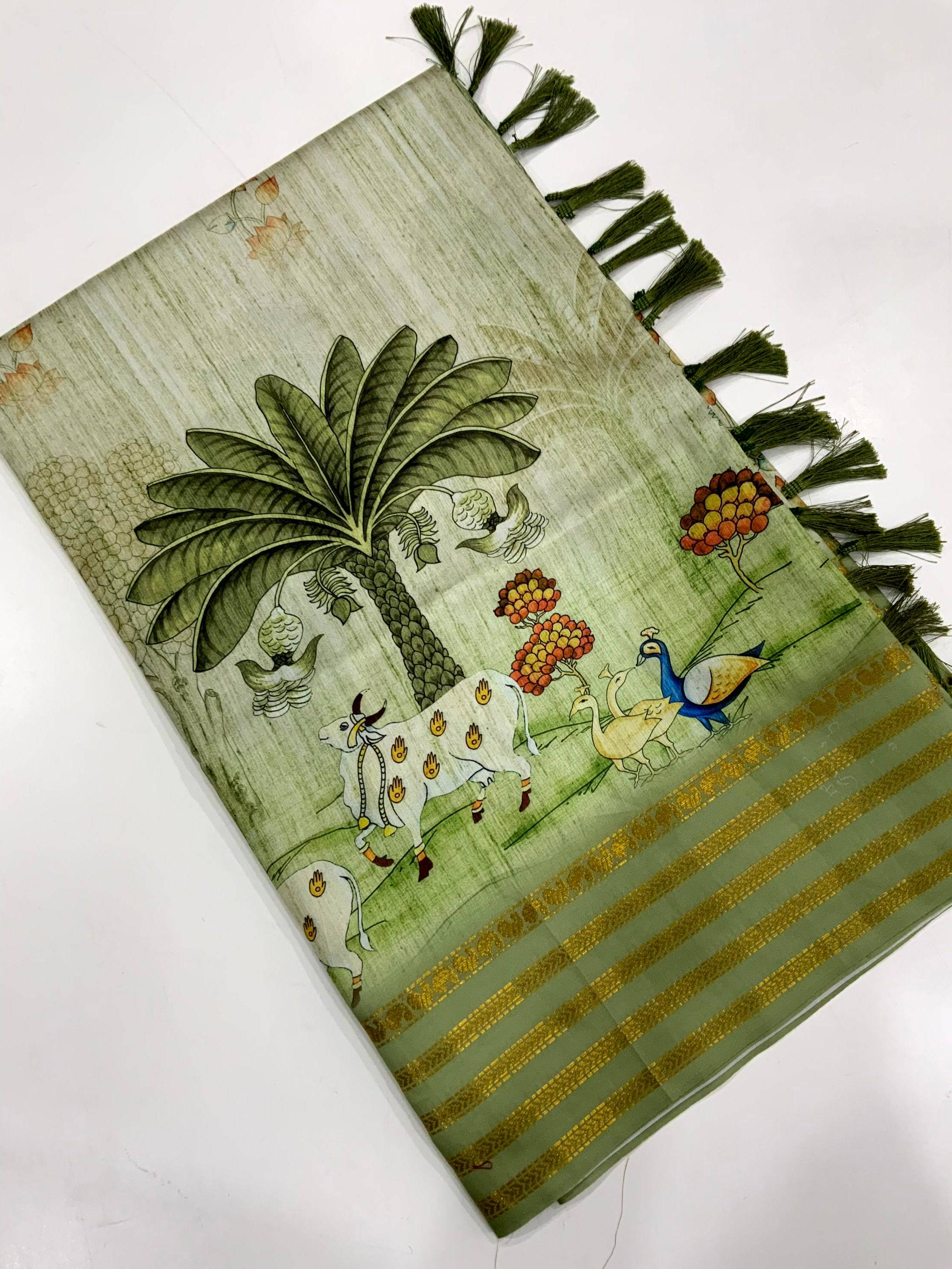 Elegant Soft Silk Pista Pichwai Prints Saree