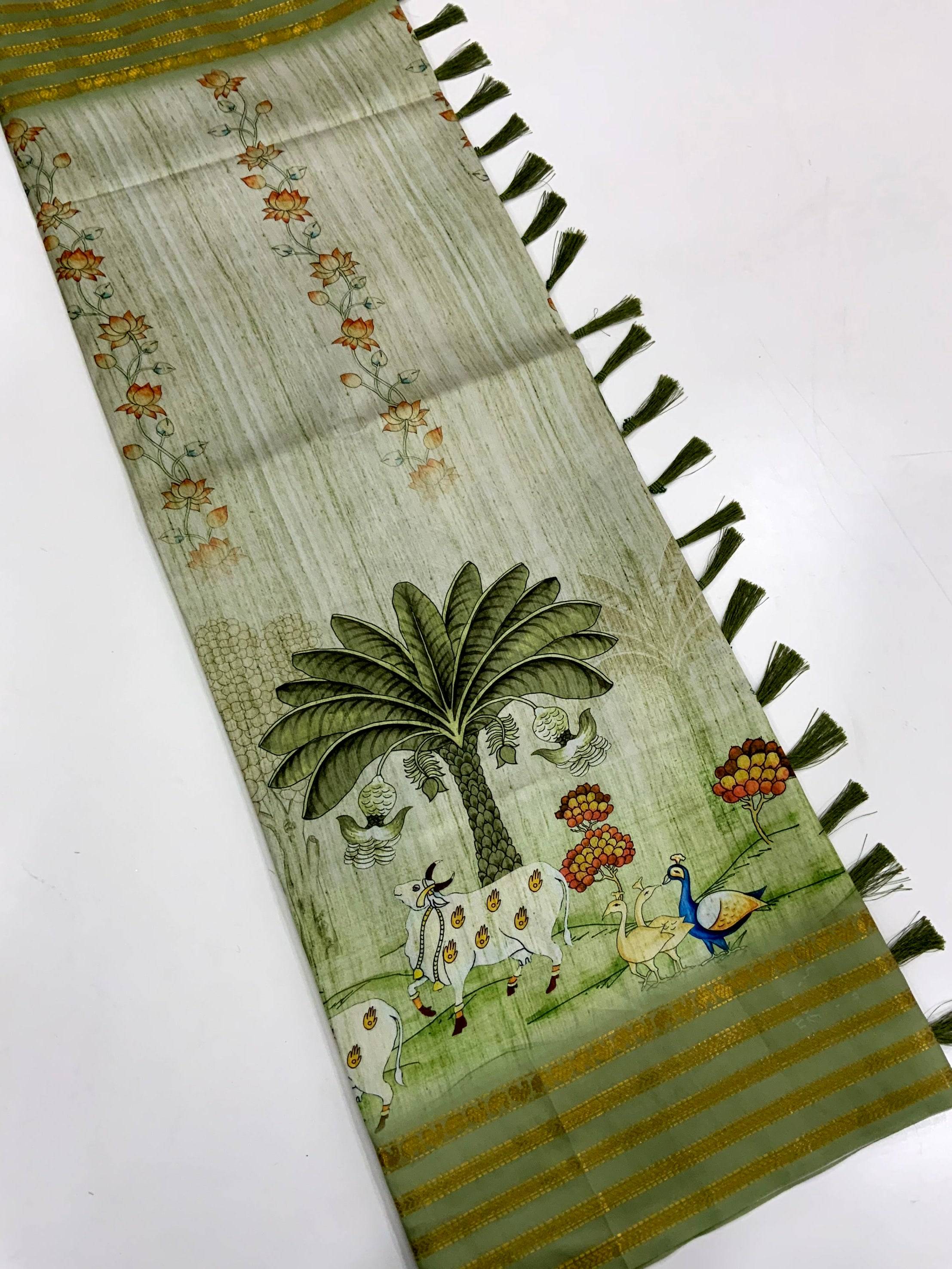 Elegant Soft Silk Pista Pichwai Prints Saree