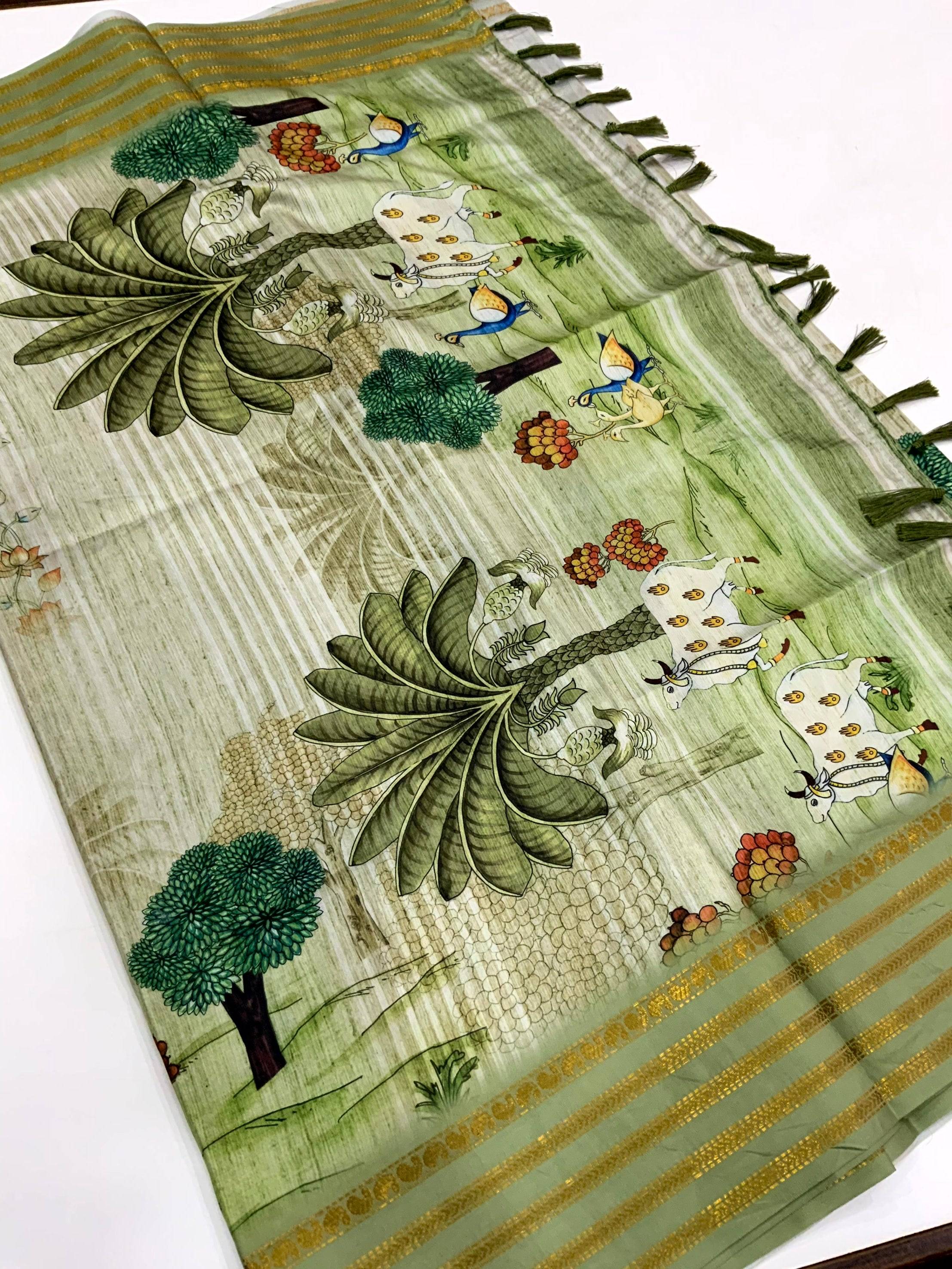 Elegant Soft Silk Pista Pichwai Prints Saree