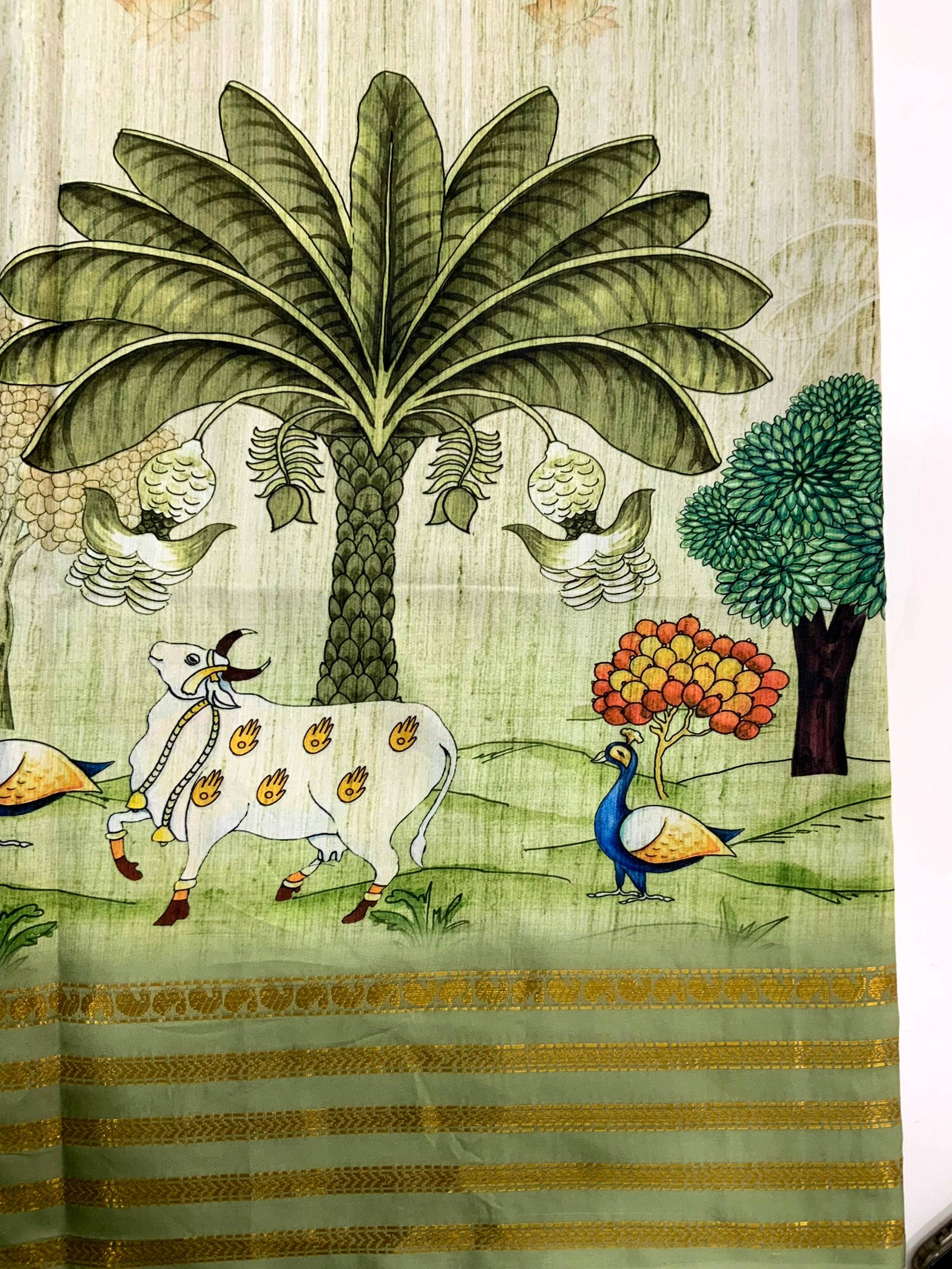 Elegant Soft Silk Pista Pichwai Prints Saree