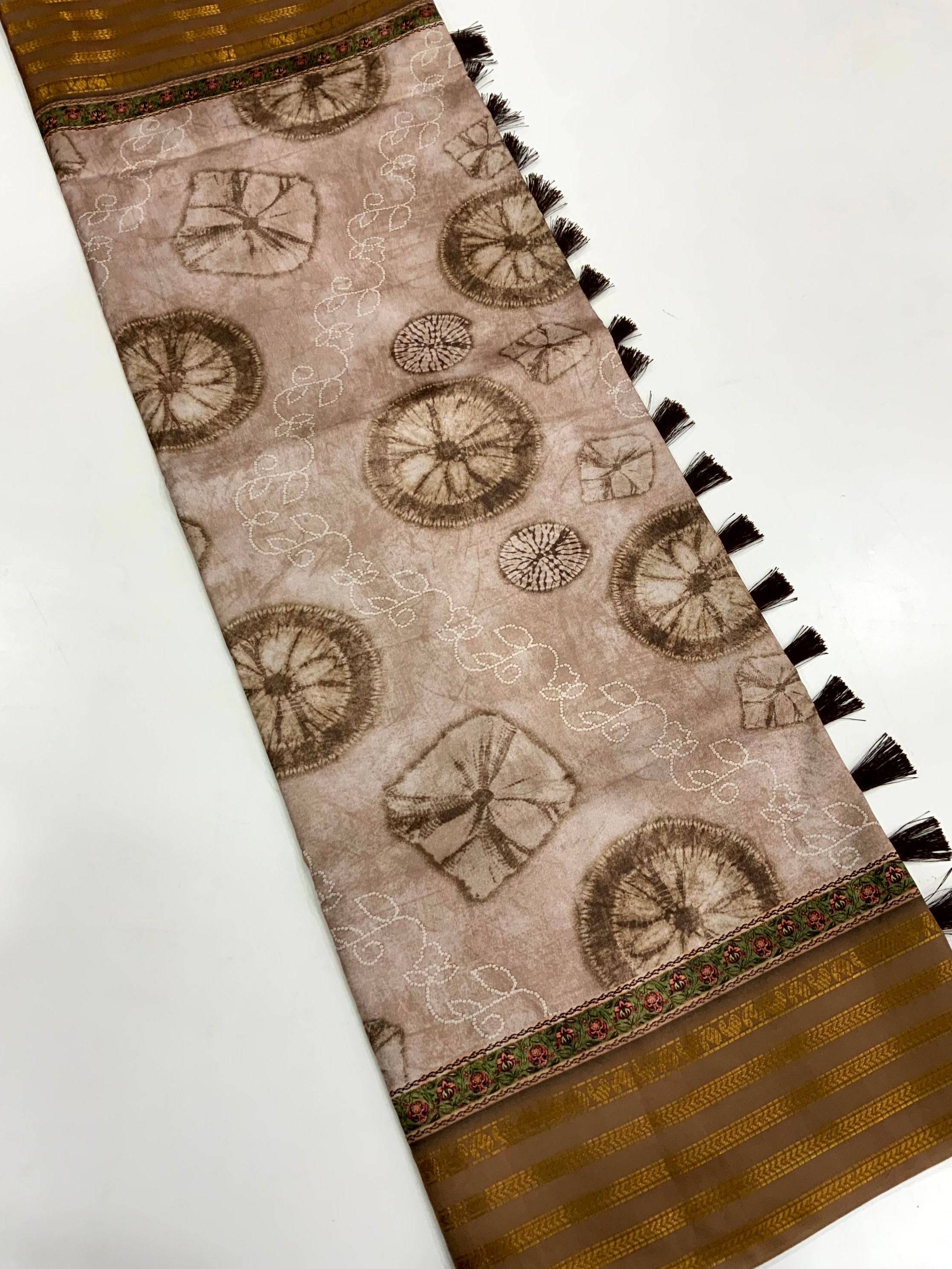 Brown Soft Silk Shibori Printed Saree
