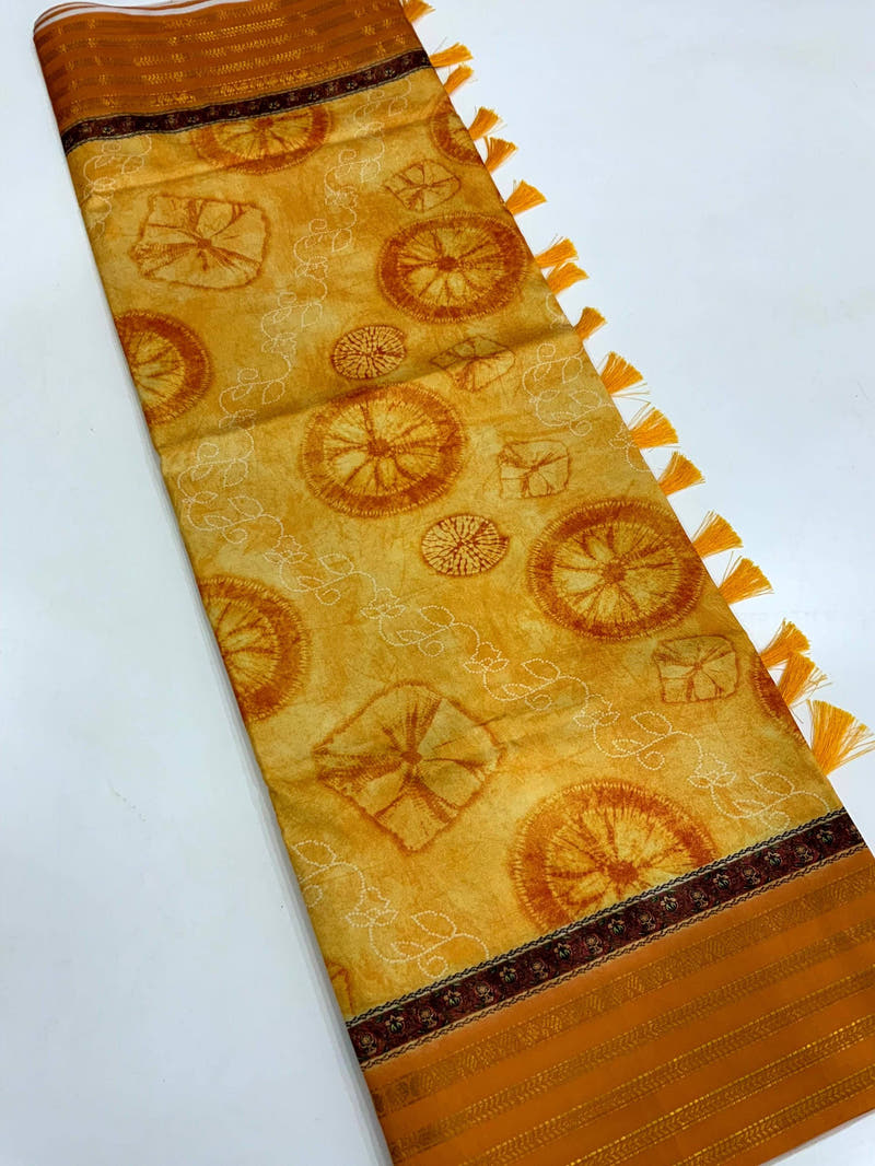 Mustard Soft Silk Shibori Printed Saree