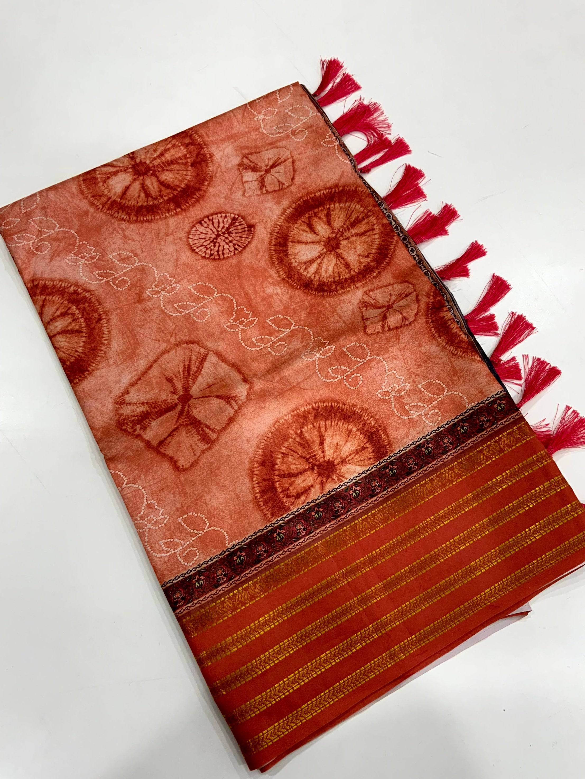 Rust Red Soft Silk Shibori Printed Saree