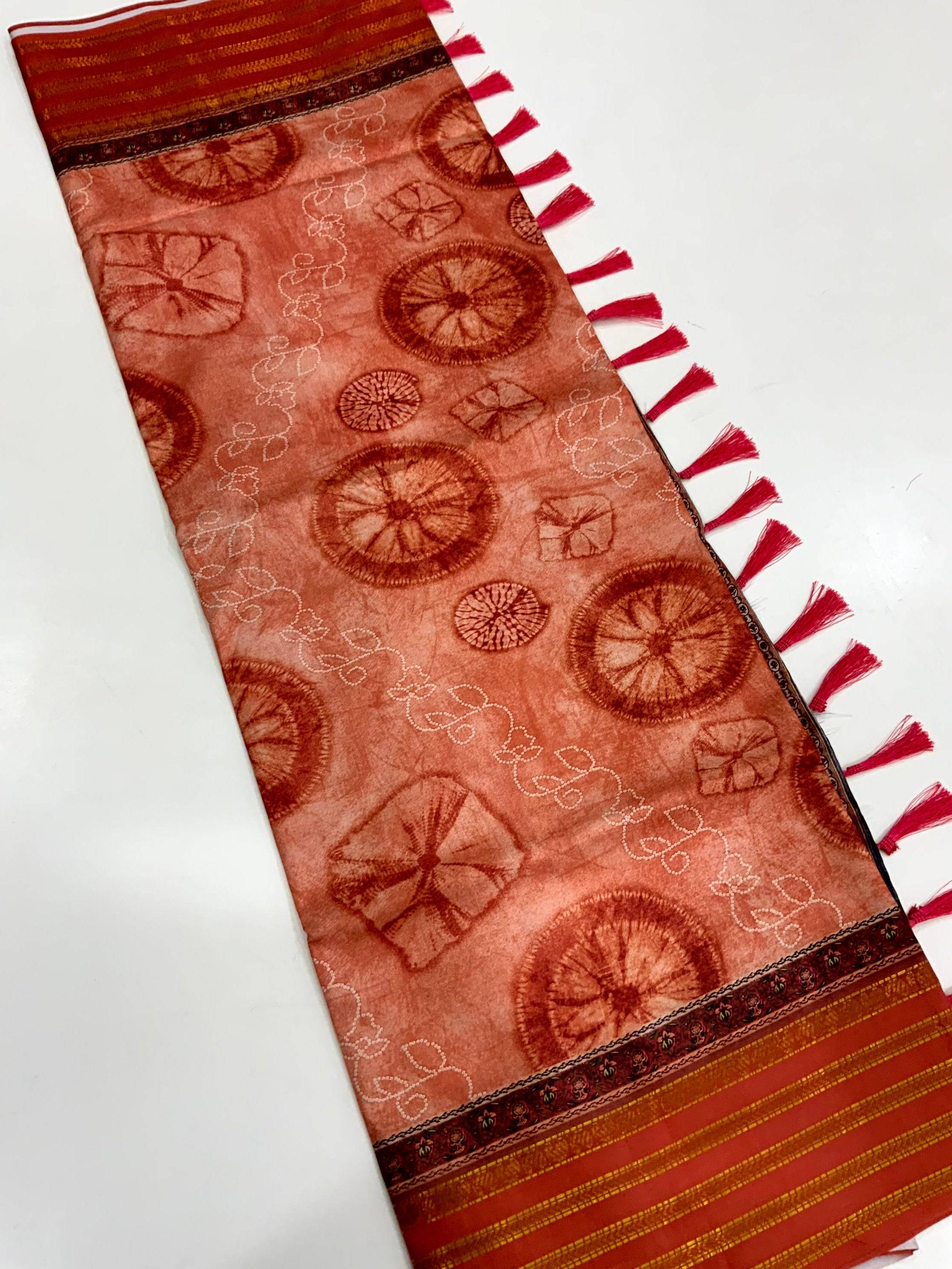 Rust Red Soft Silk Shibori Printed Saree