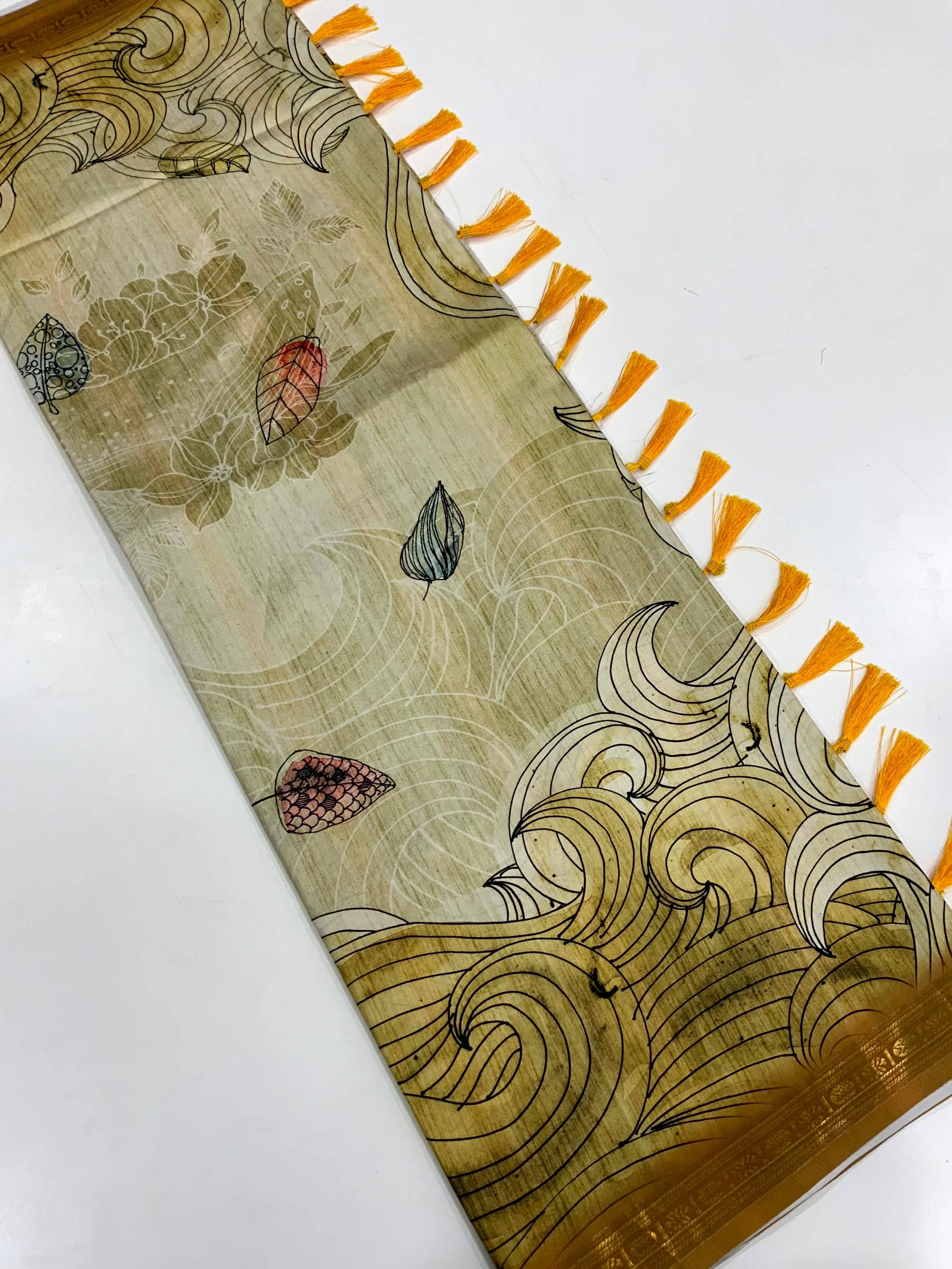 Olive Soft Silk Ocean Wave Patterns Saree