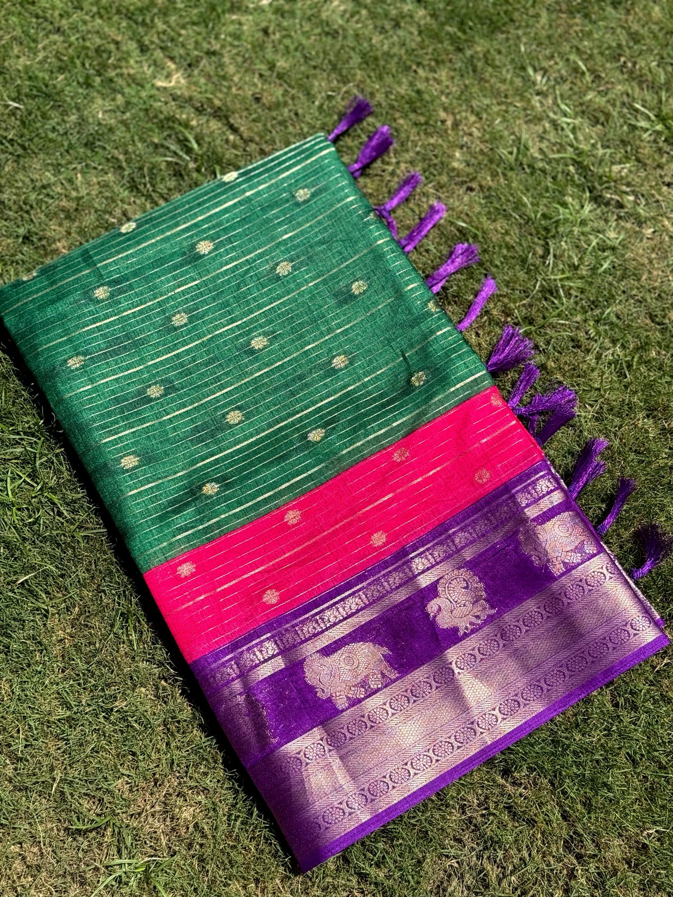 Green Soft Dola Silk Striped Print Saree