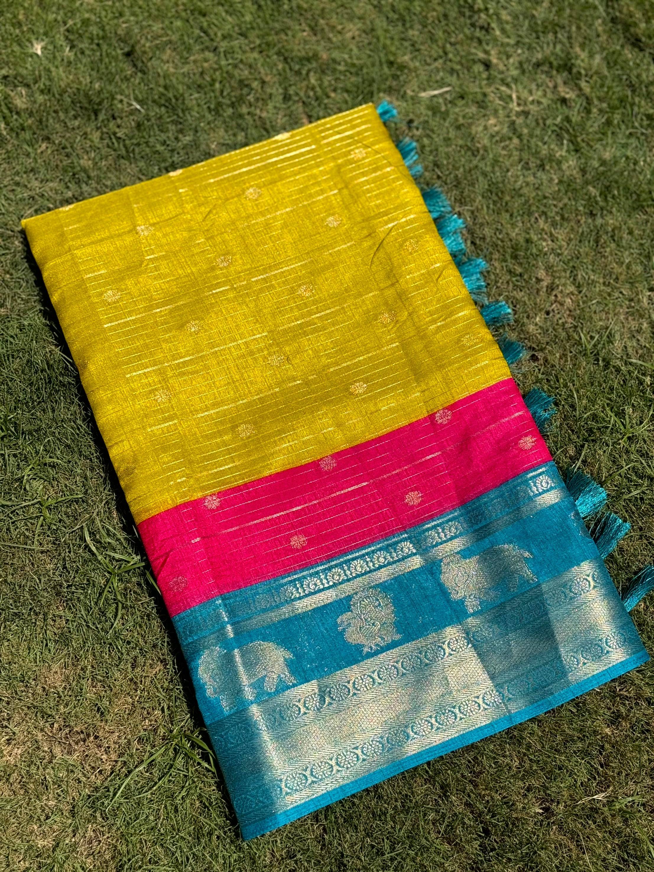 Yellow Soft Dola Silk Striped Print Saree