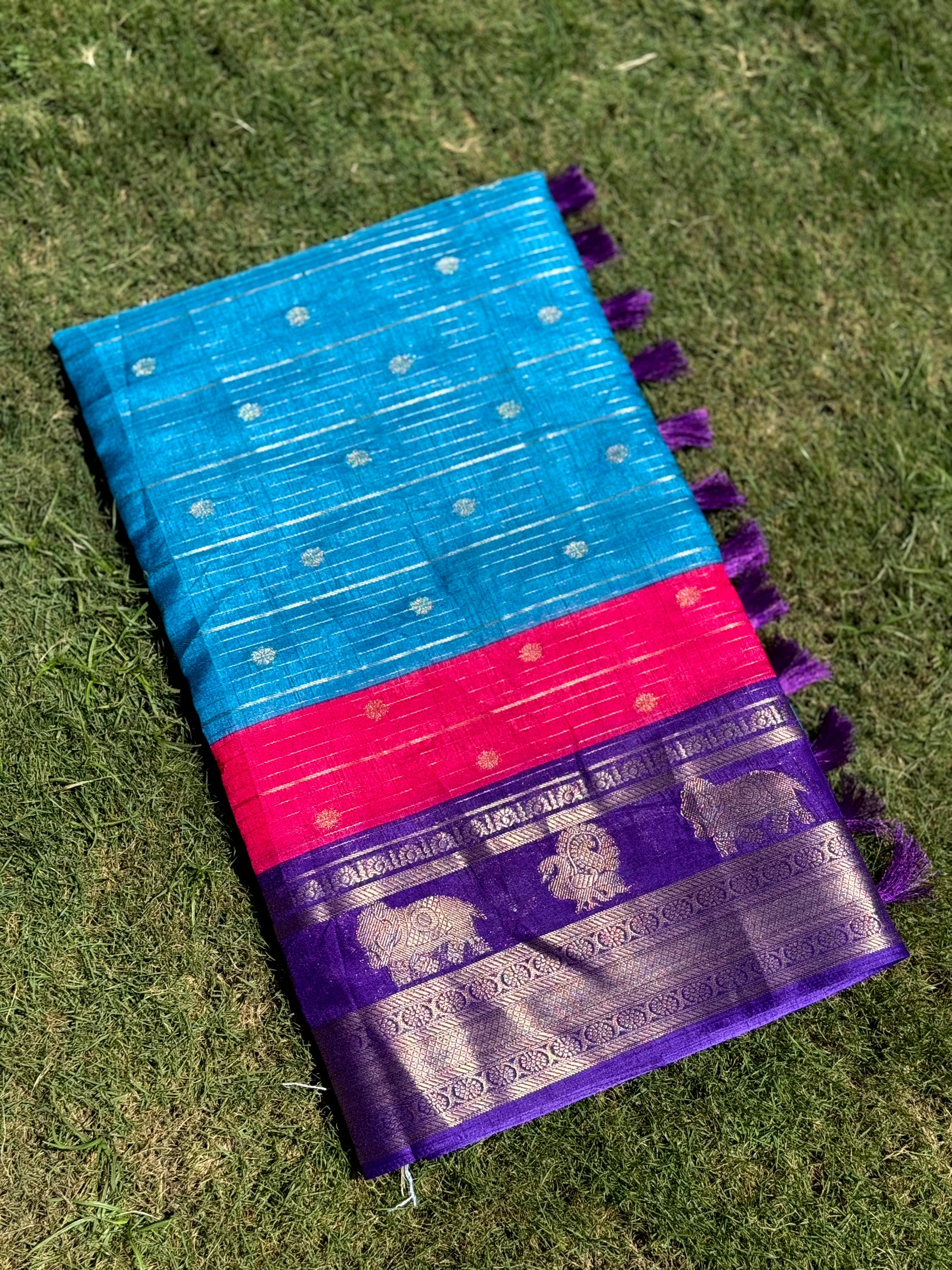Sky Blue Soft Dola Silk Striped Print Saree