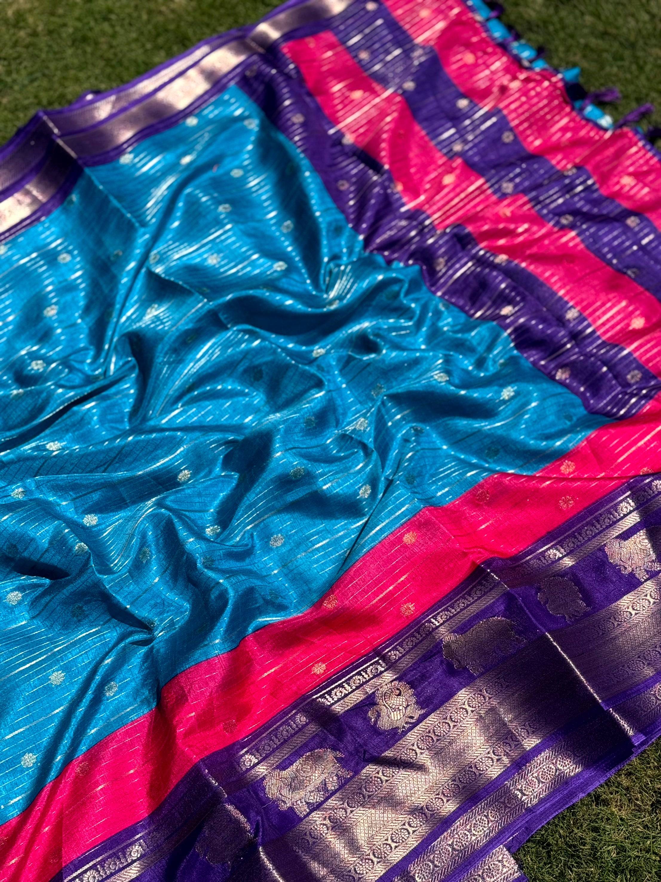 Sky Blue Soft Dola Silk Striped Print Saree