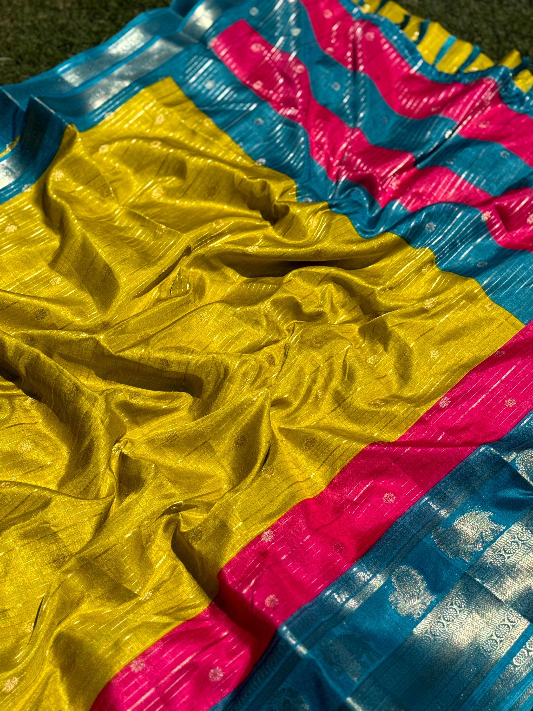 Yellow Soft Dola Silk Striped Print Saree