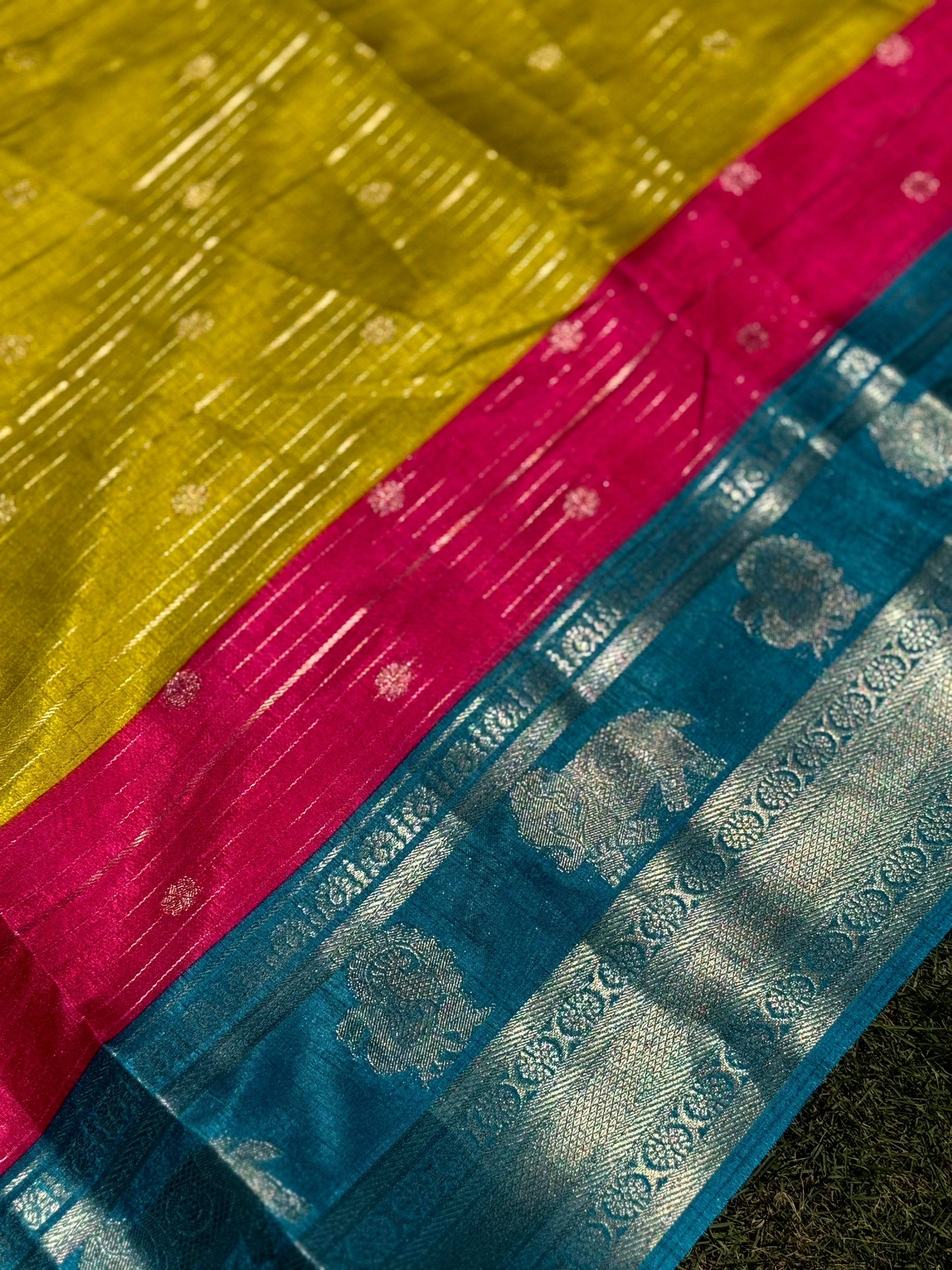 Yellow Soft Dola Silk Striped Print Saree