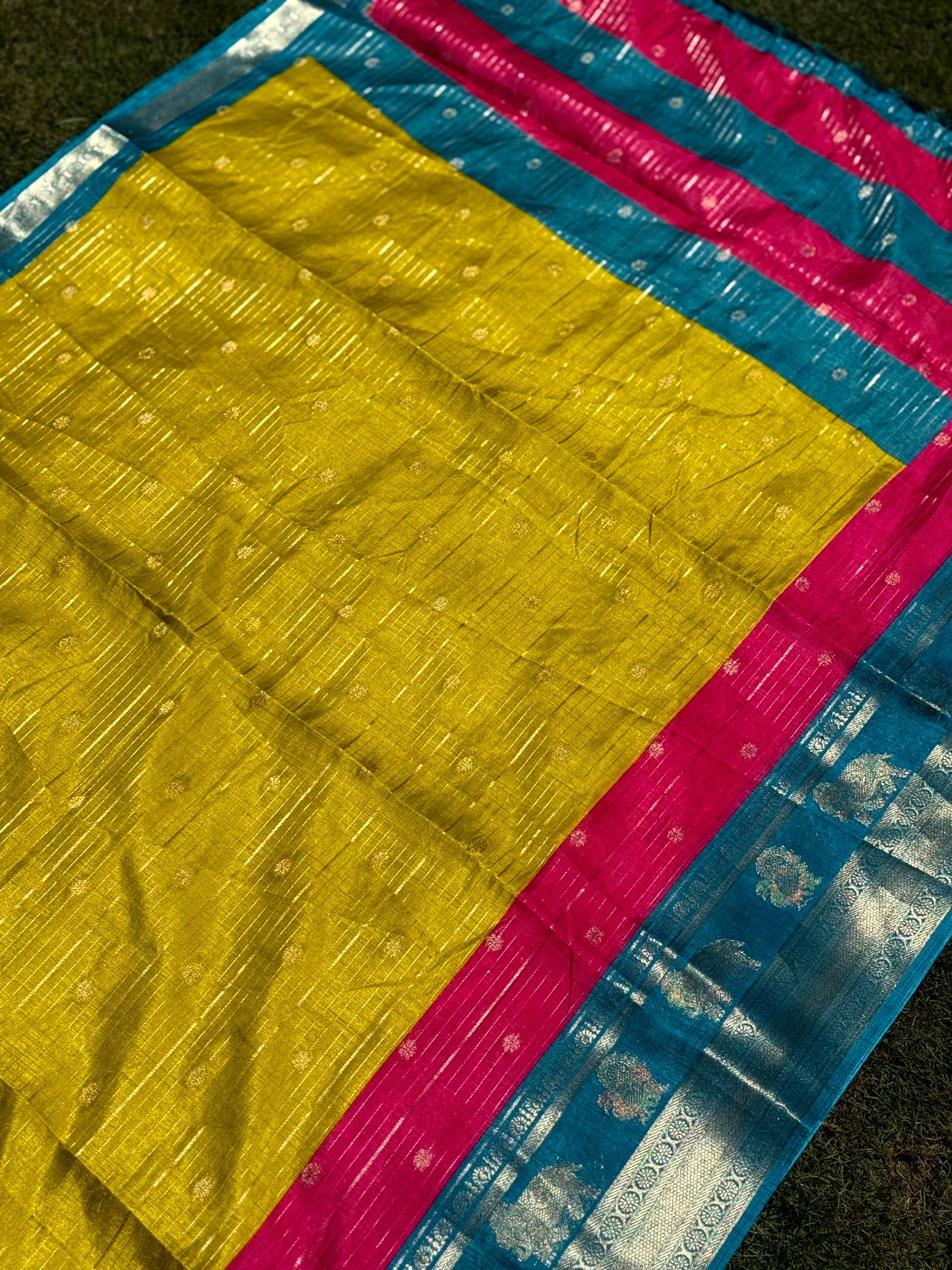 Yellow Soft Dola Silk Striped Print Saree