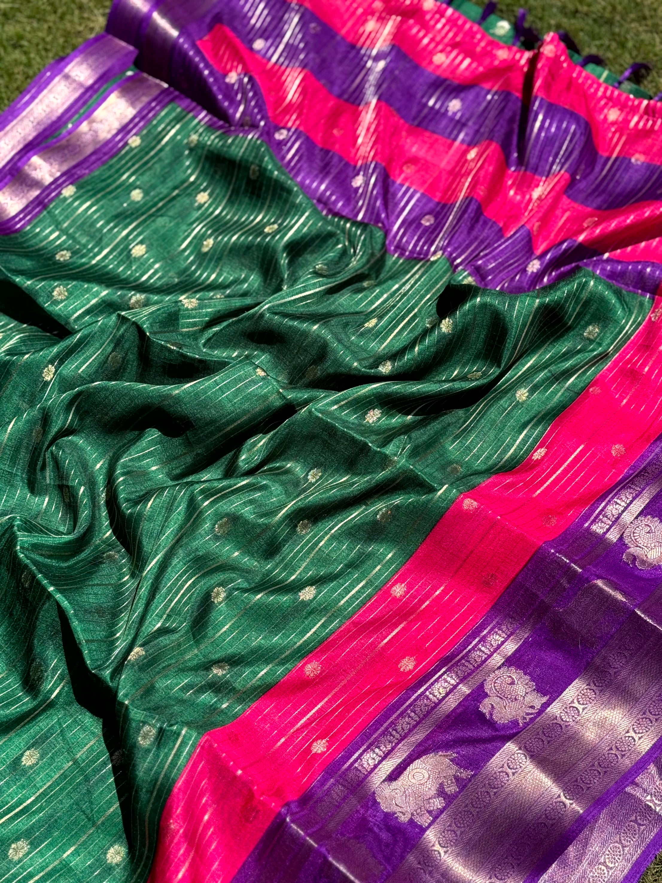 Green Soft Dola Silk Striped Print Saree