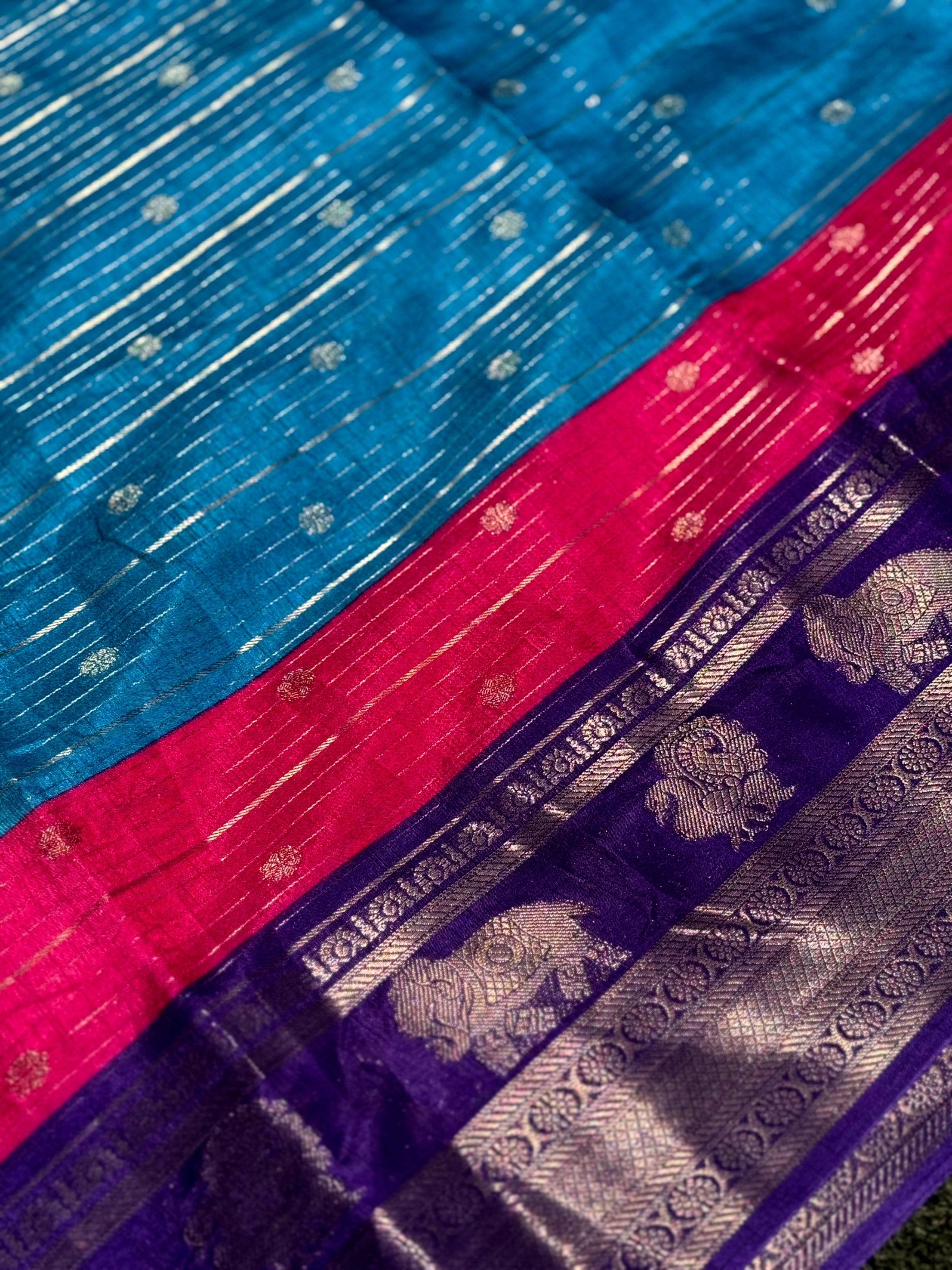 Sky Blue Soft Dola Silk Striped Print Saree