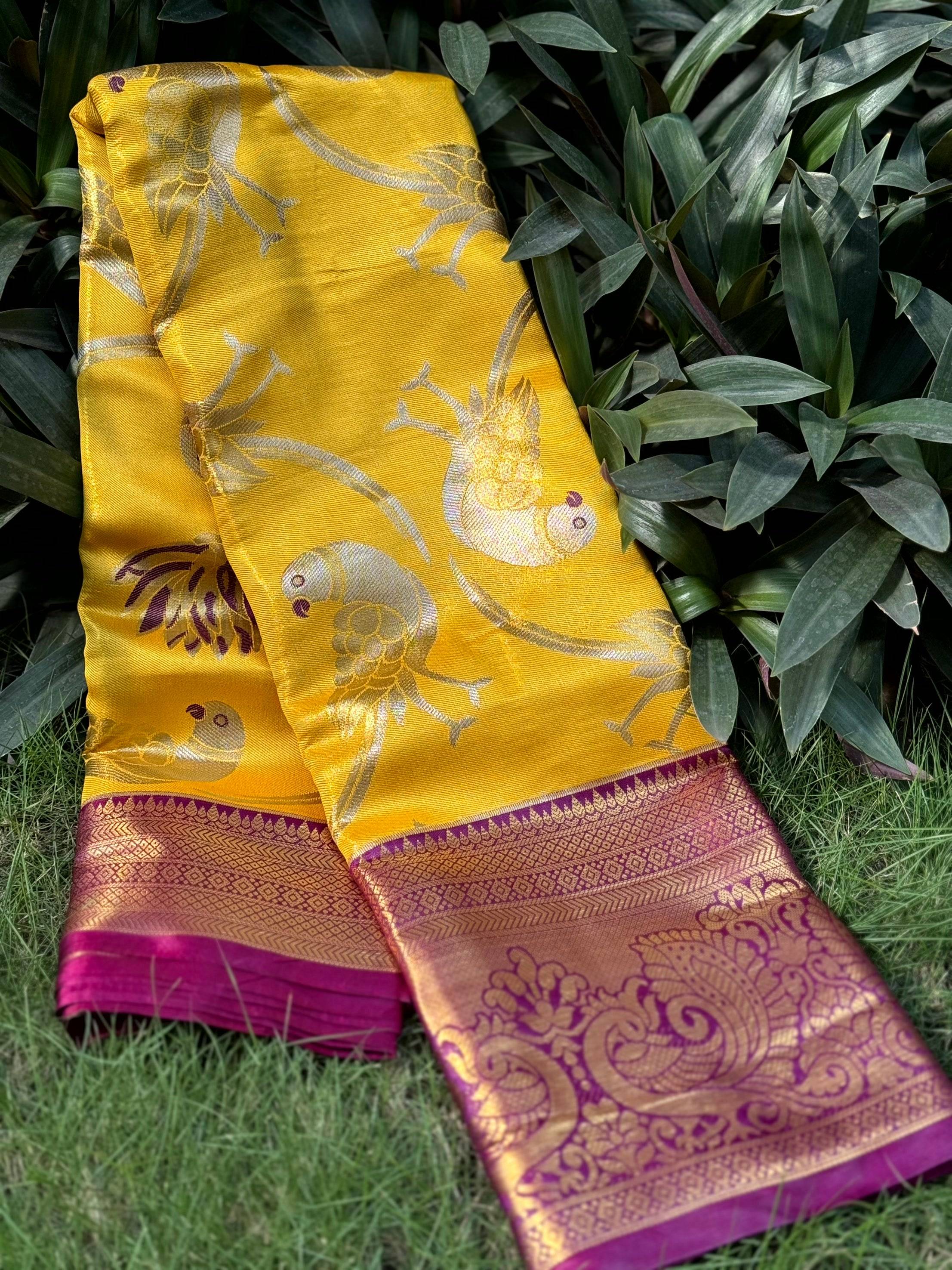 Yellow Dharmavaram Gold Birds Print Saree