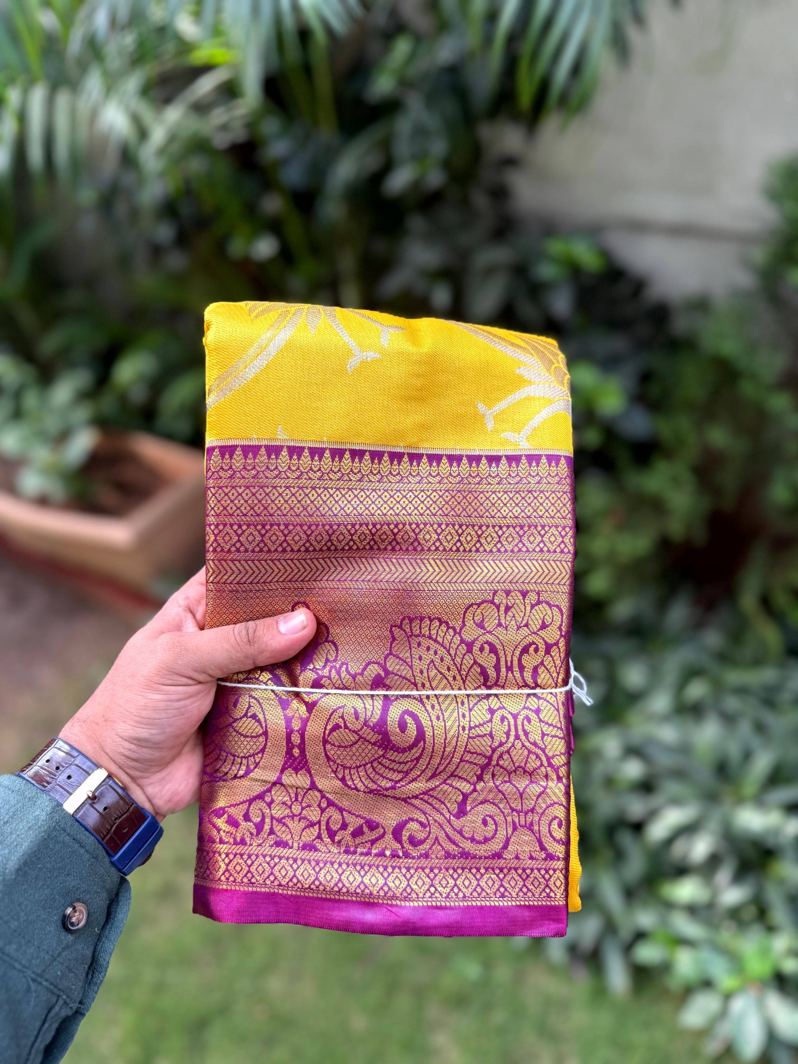 Yellow Dharmavaram Gold Birds Print Saree