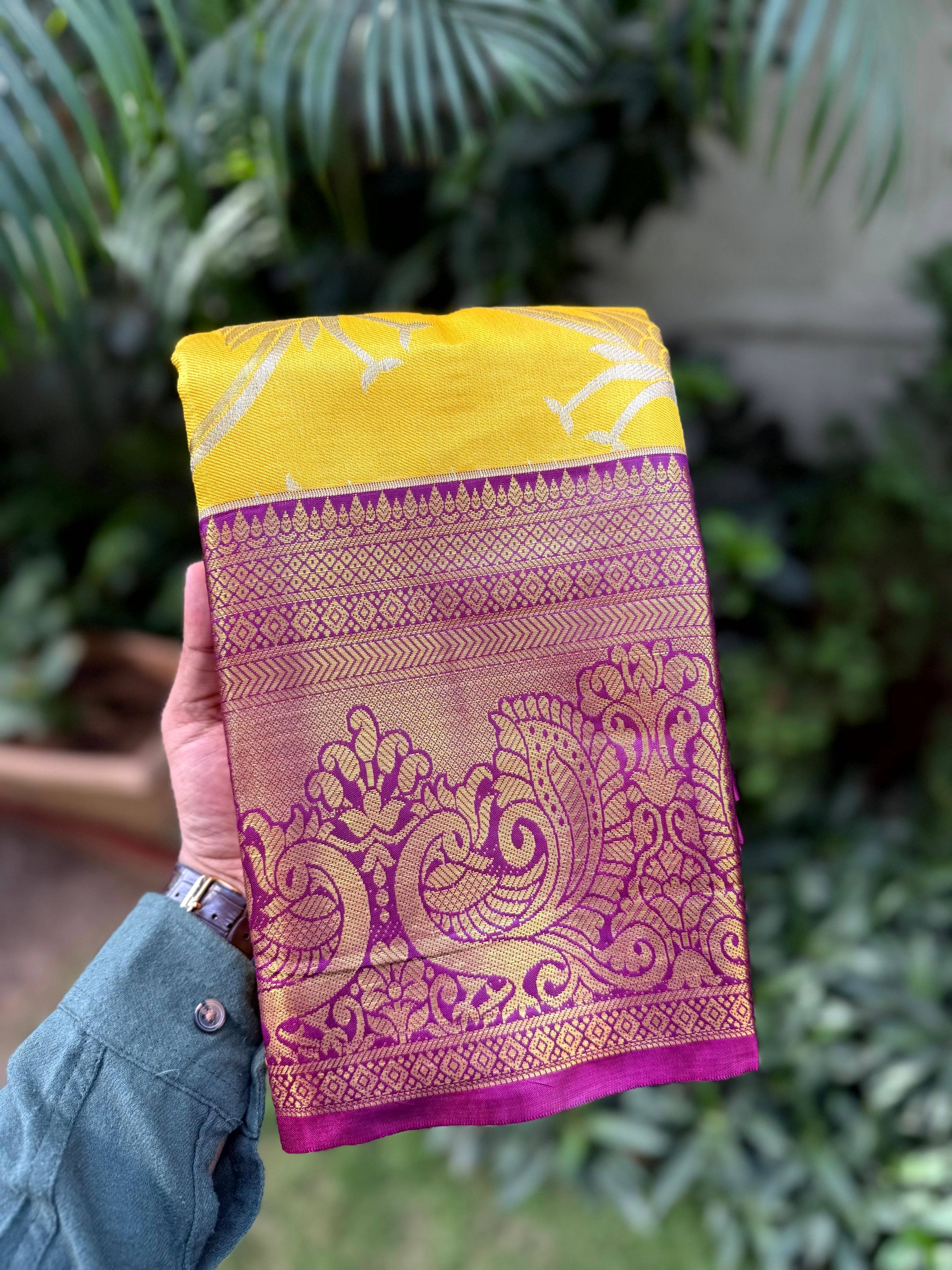 Yellow Dharmavaram Gold Birds Print Saree