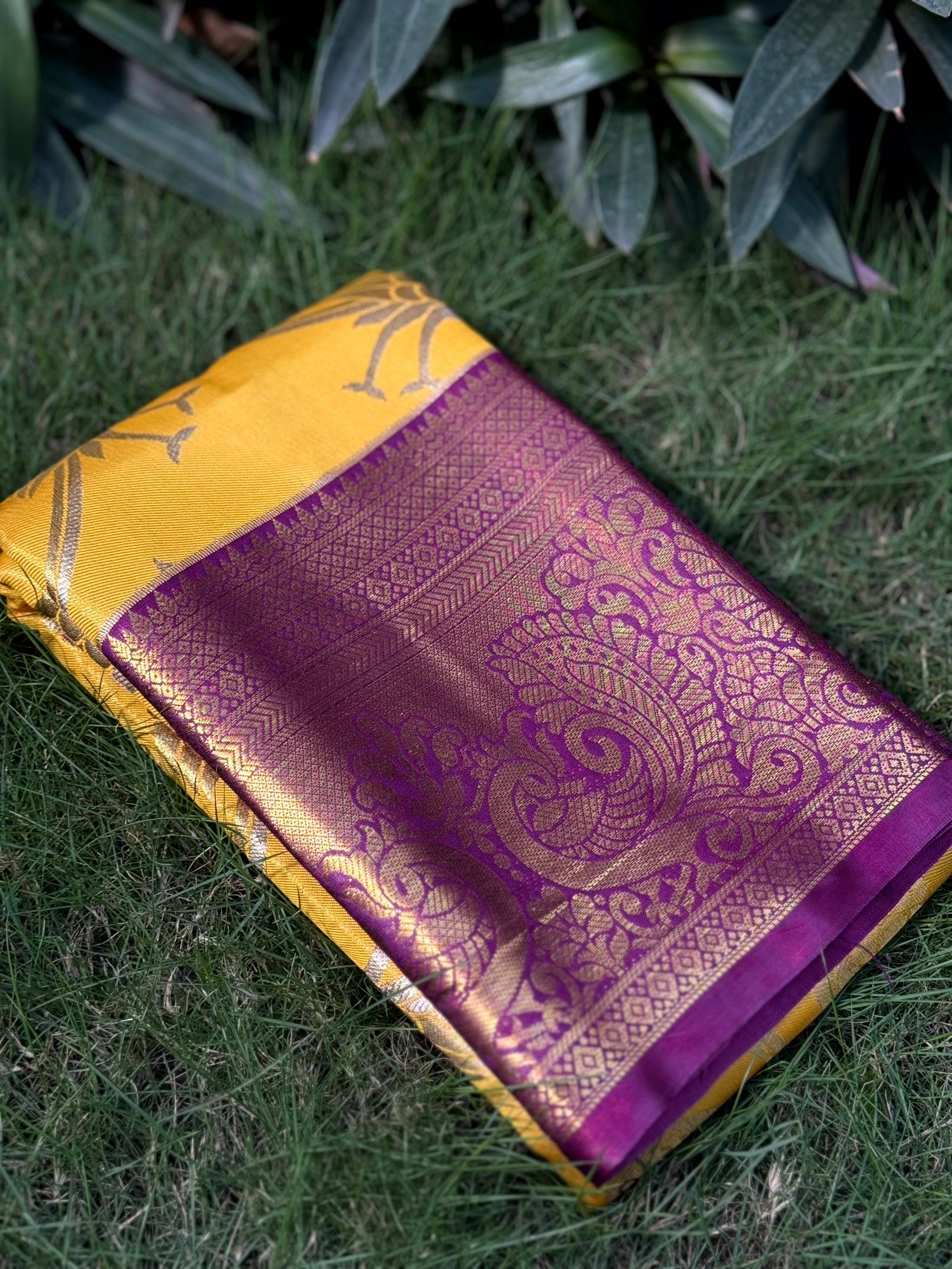Yellow Dharmavaram Gold Birds Print Saree