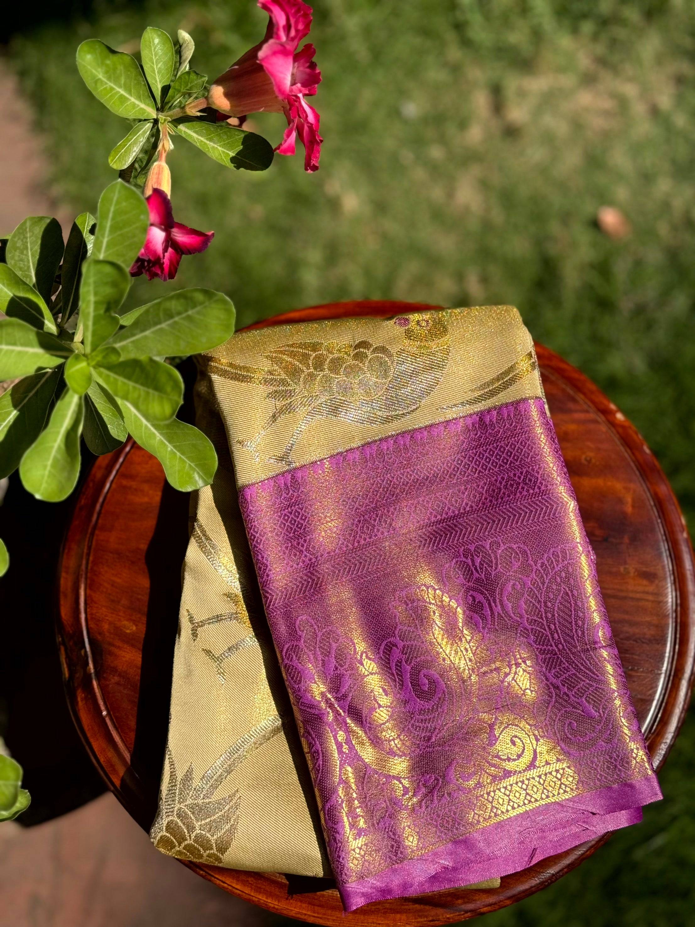 Beige Dharmavaram Gold Birds Print Saree