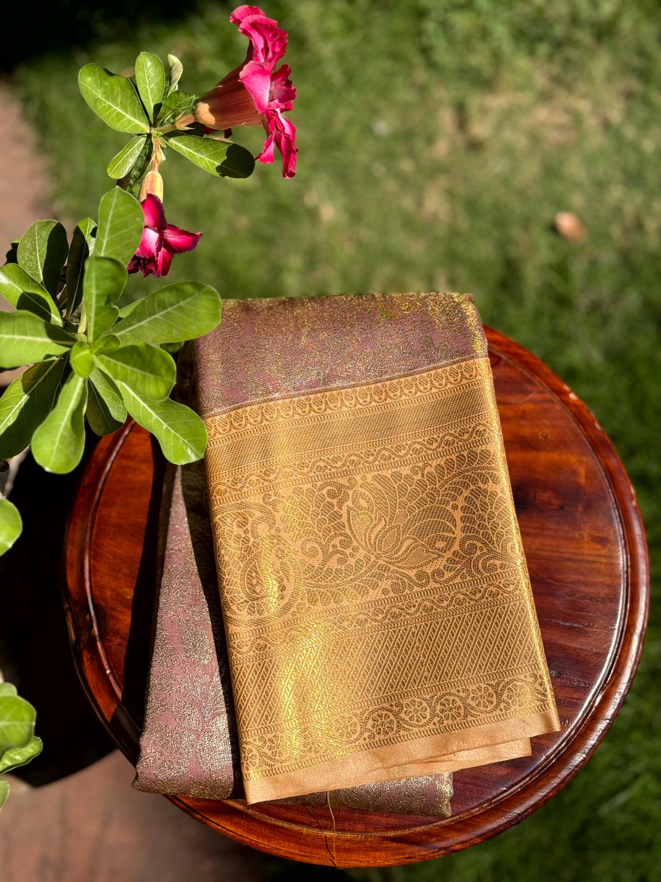 Blush Pink Golden Threadwork Dharmavaram Saree