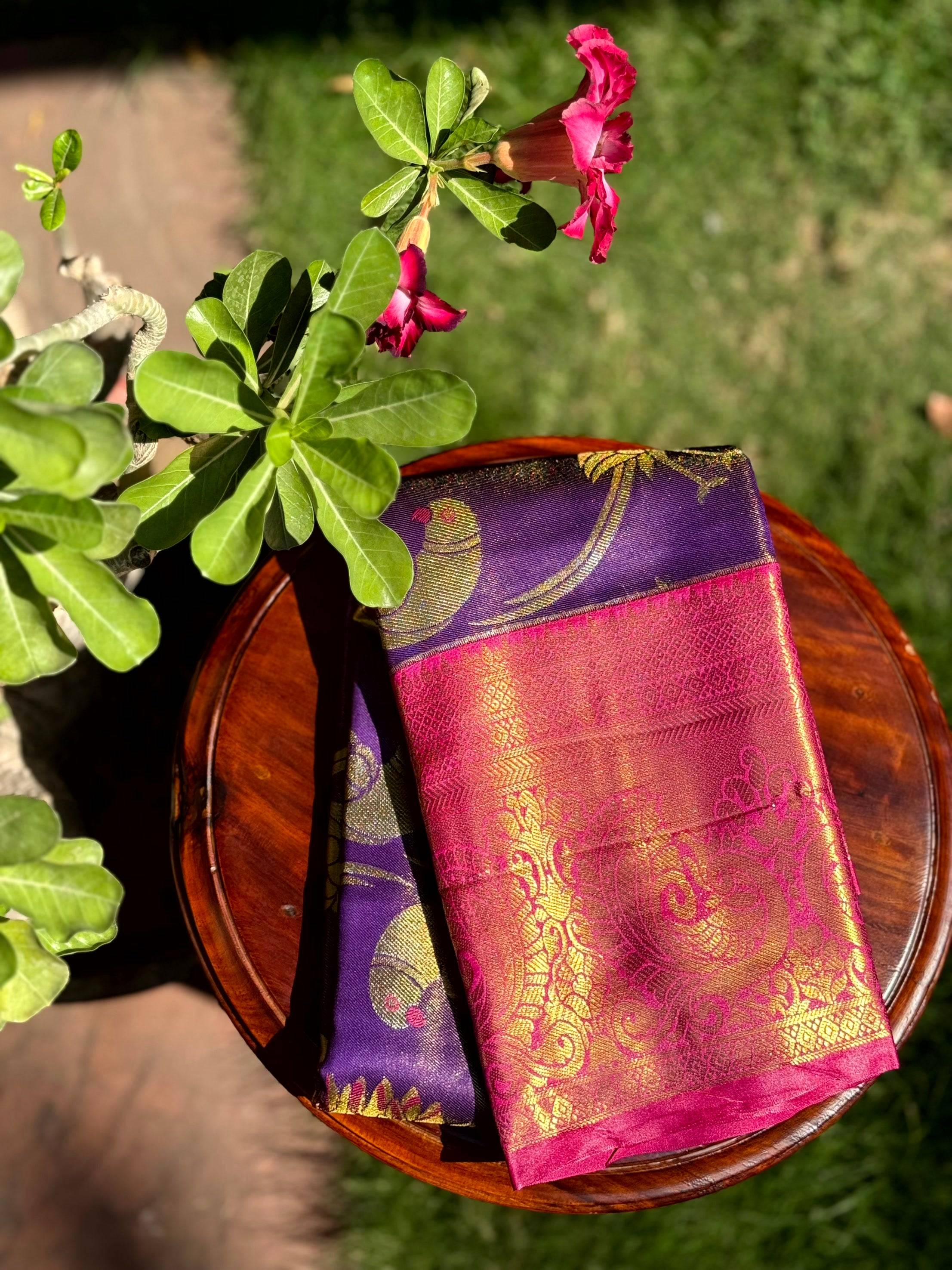 Purple Dharmavaram Gold Birds Print Saree
