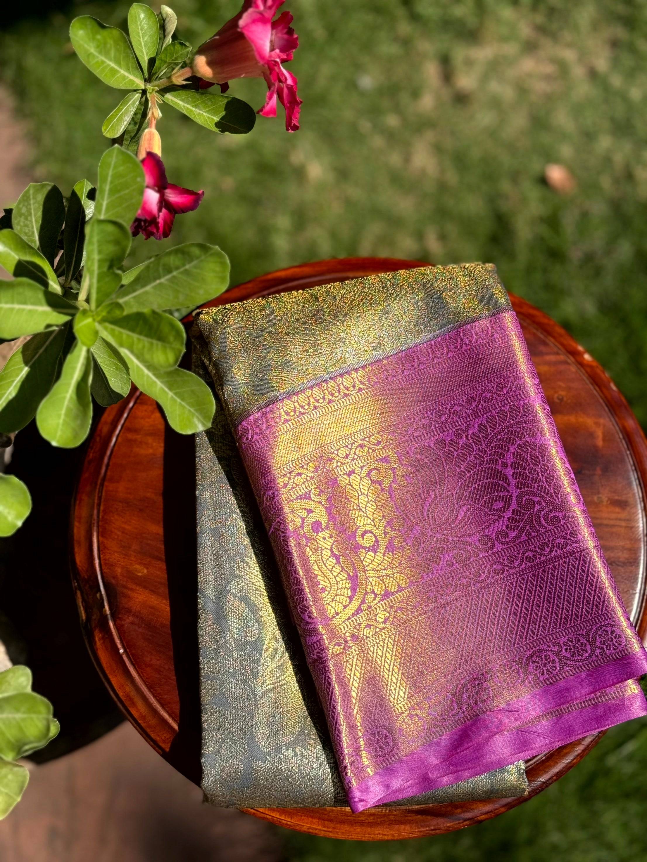 Grey Golden Threadwork Dharmavaram Saree