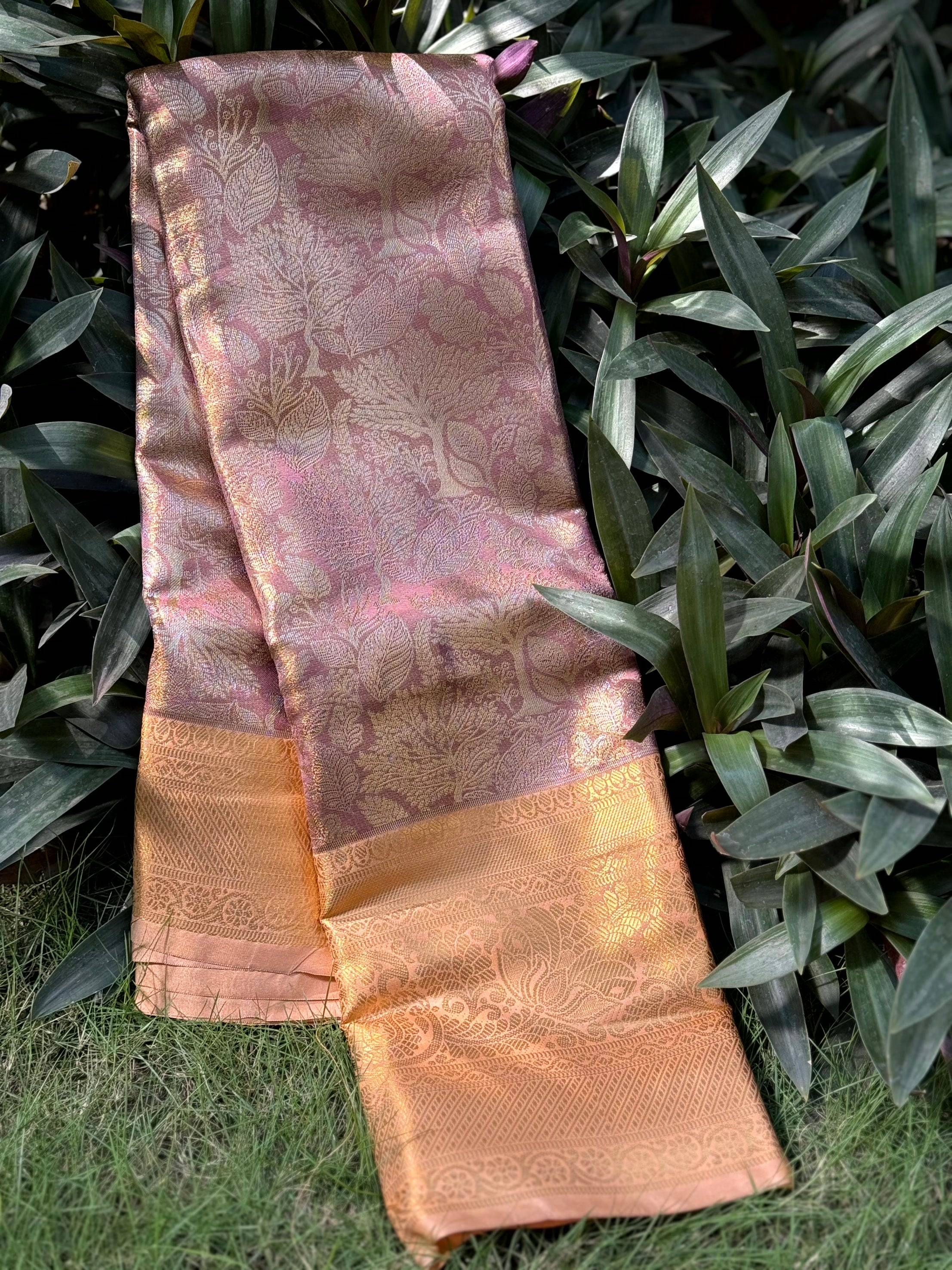 Blush Pink Golden Threadwork Dharmavaram Saree