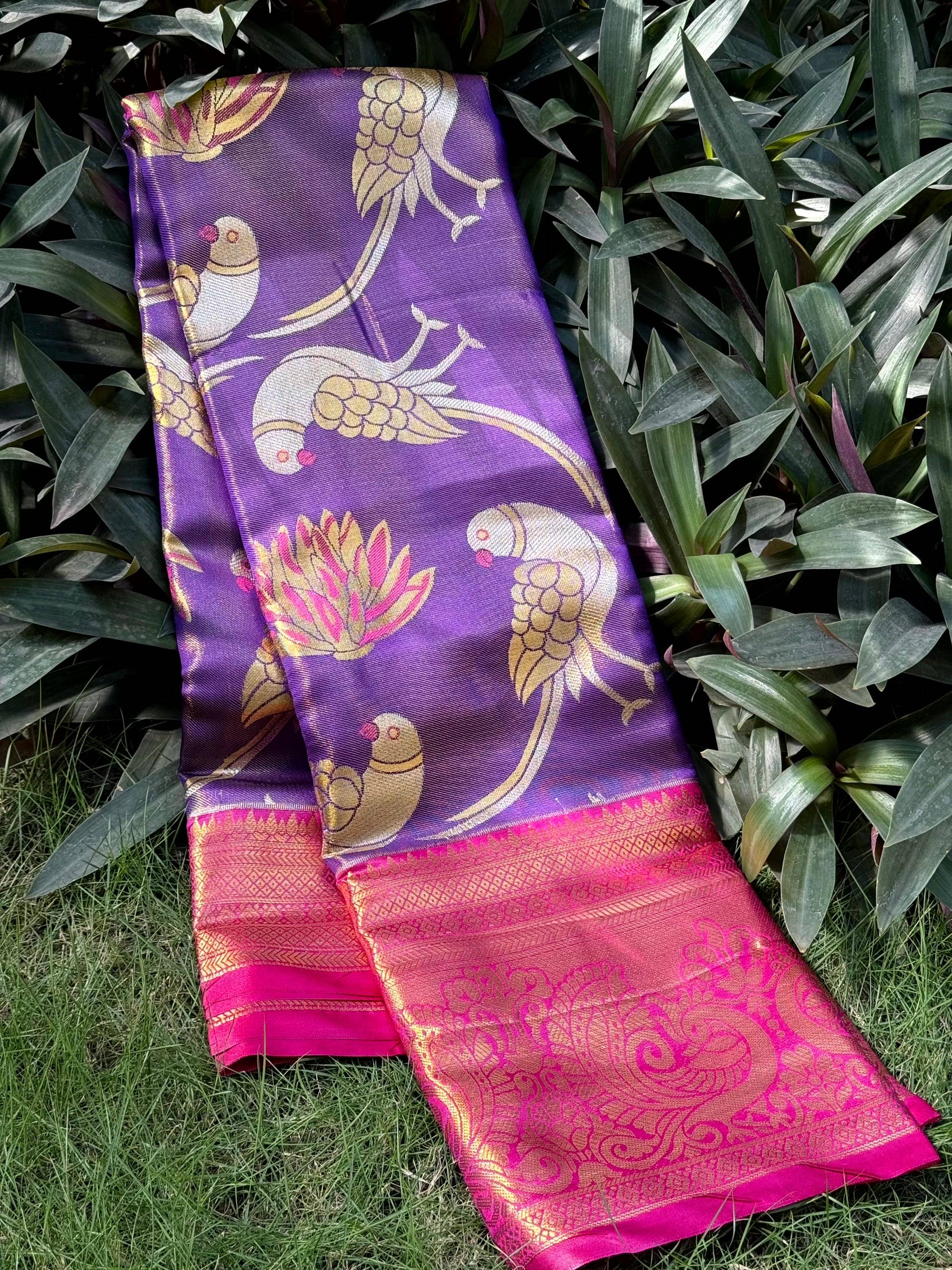 Purple Dharmavaram Gold Birds Print Saree