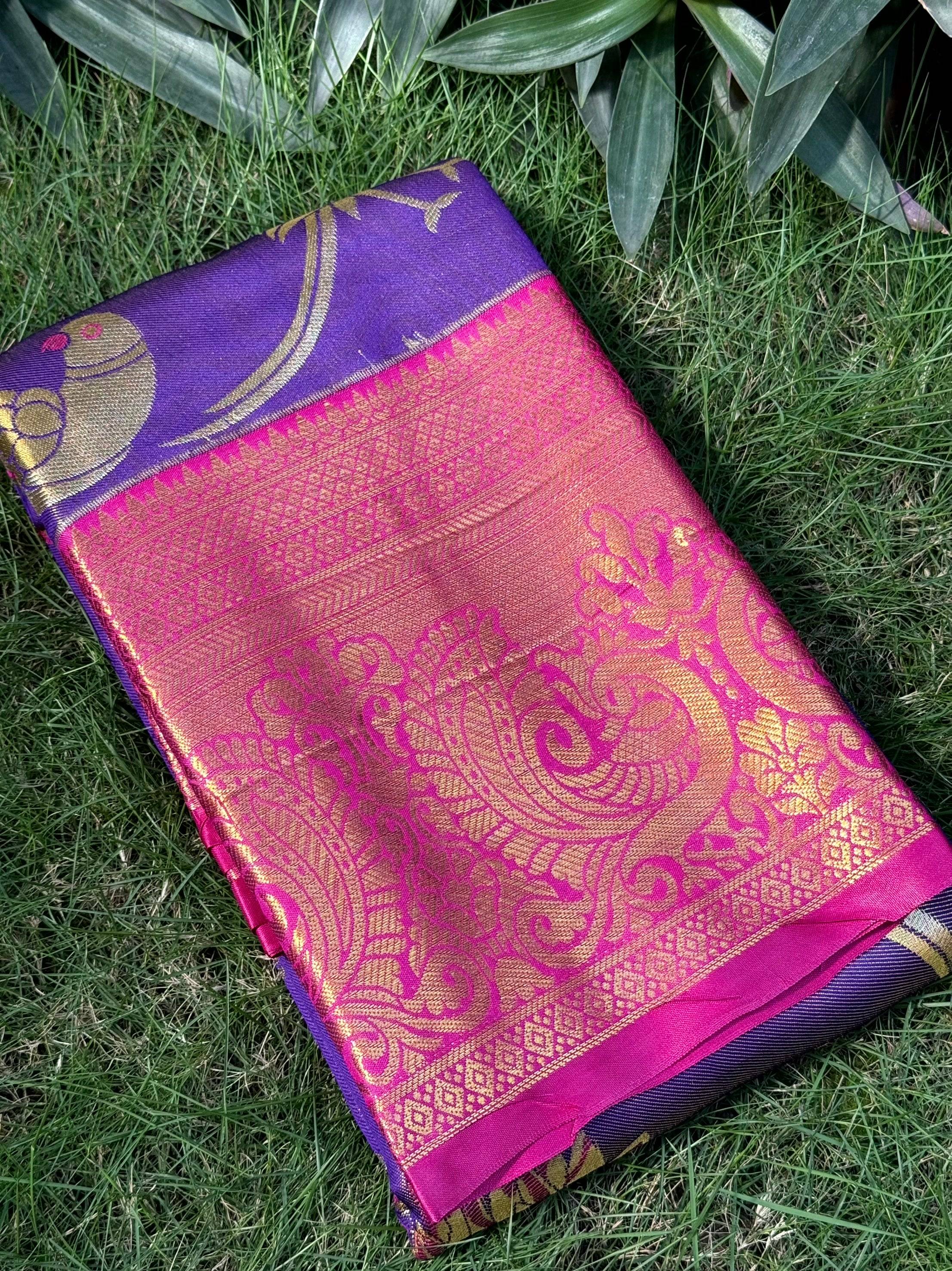 Purple Dharmavaram Gold Birds Print Saree