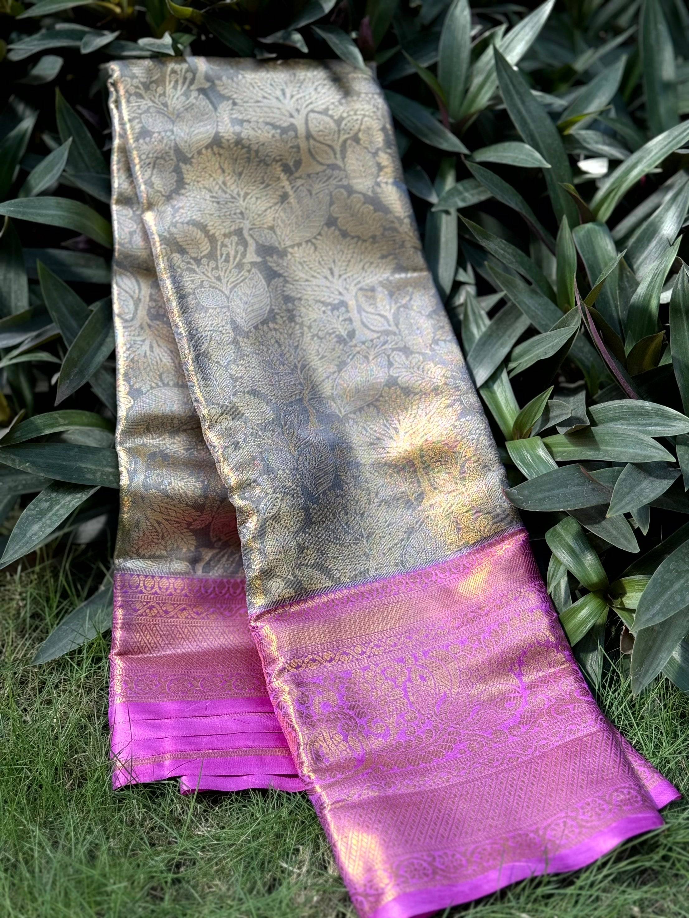 Grey Golden Threadwork Dharmavaram Saree
