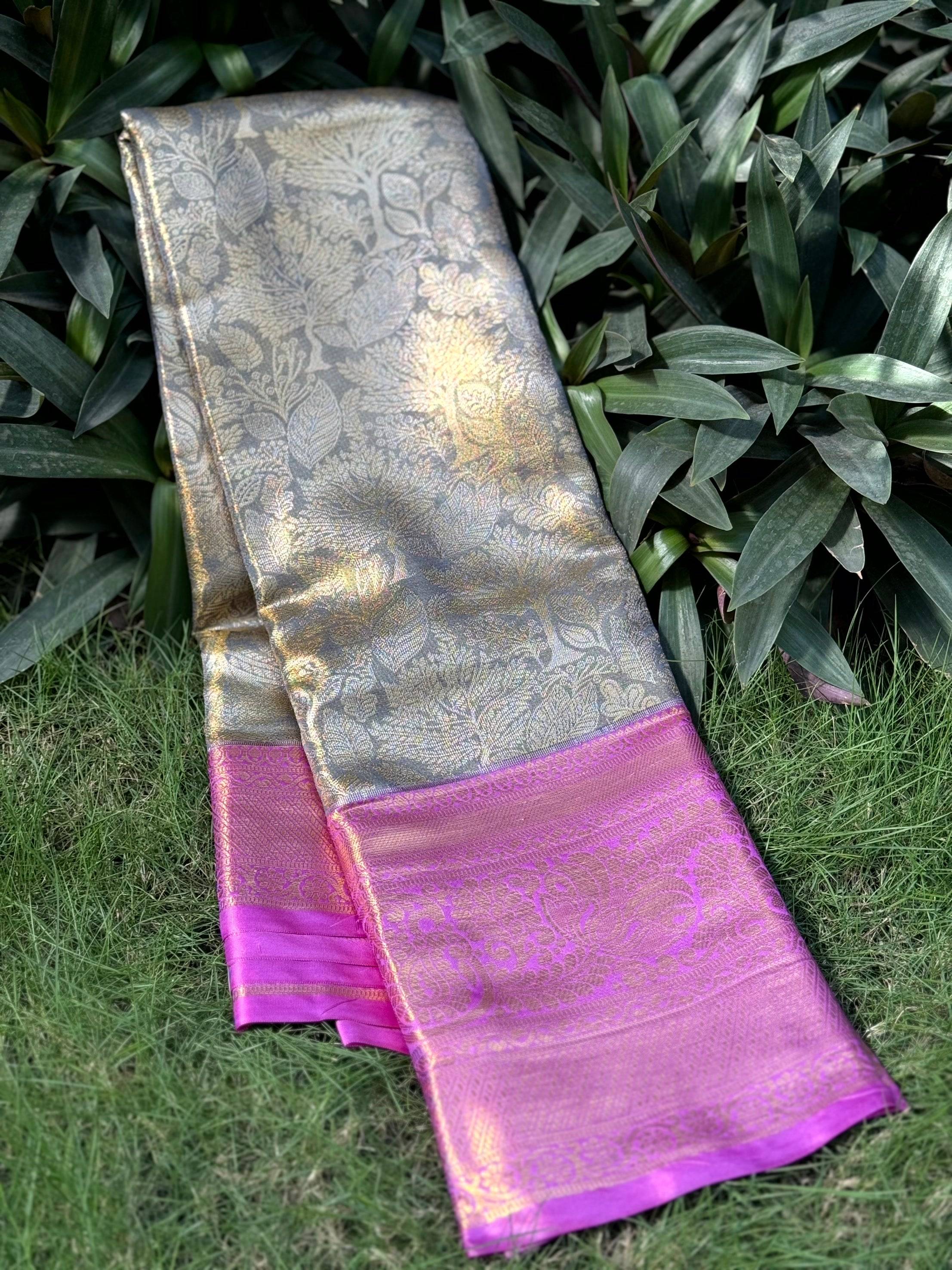 Grey Golden Threadwork Dharmavaram Saree