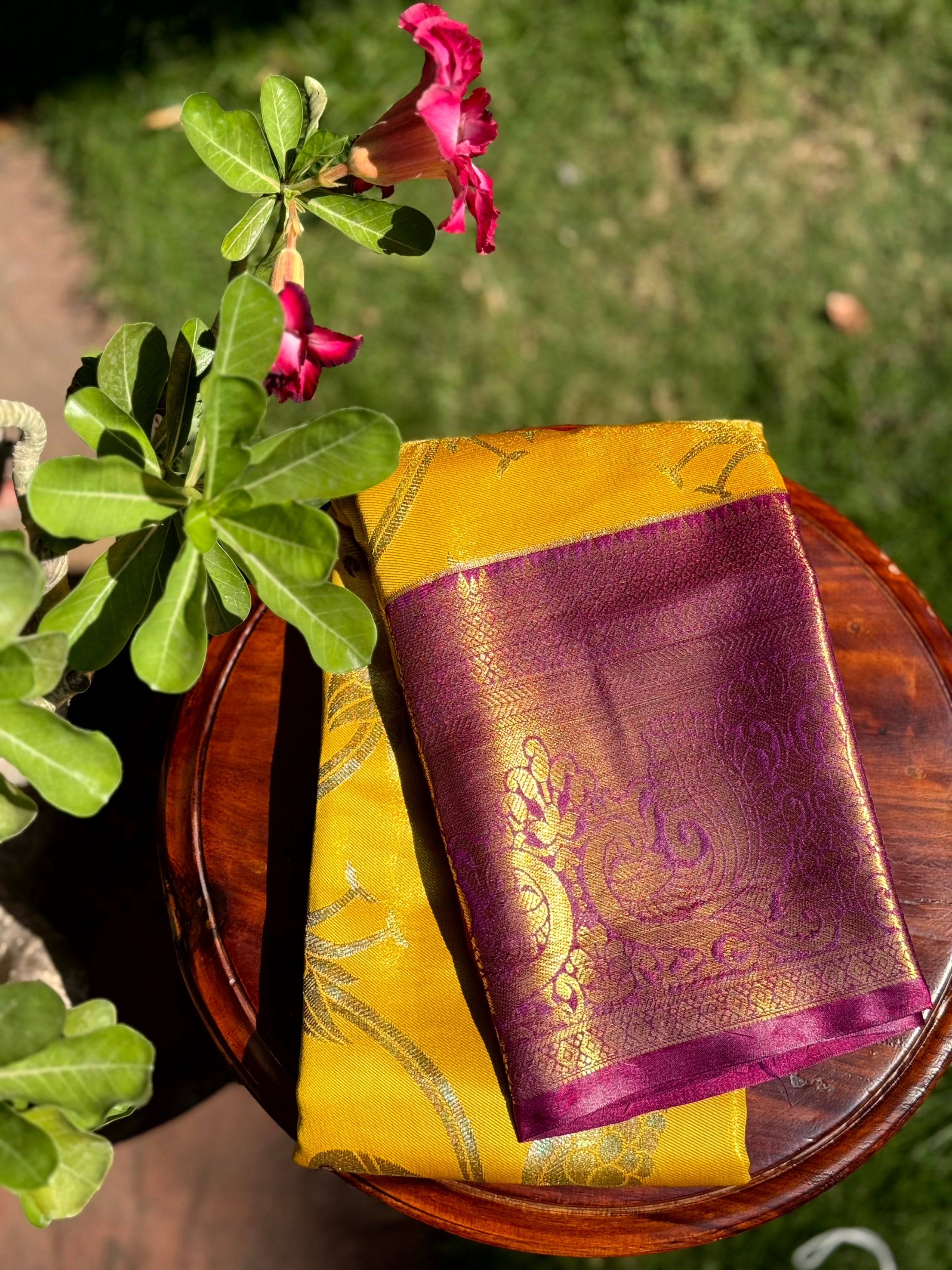 Yellow Dharmavaram Gold Birds Print Saree
