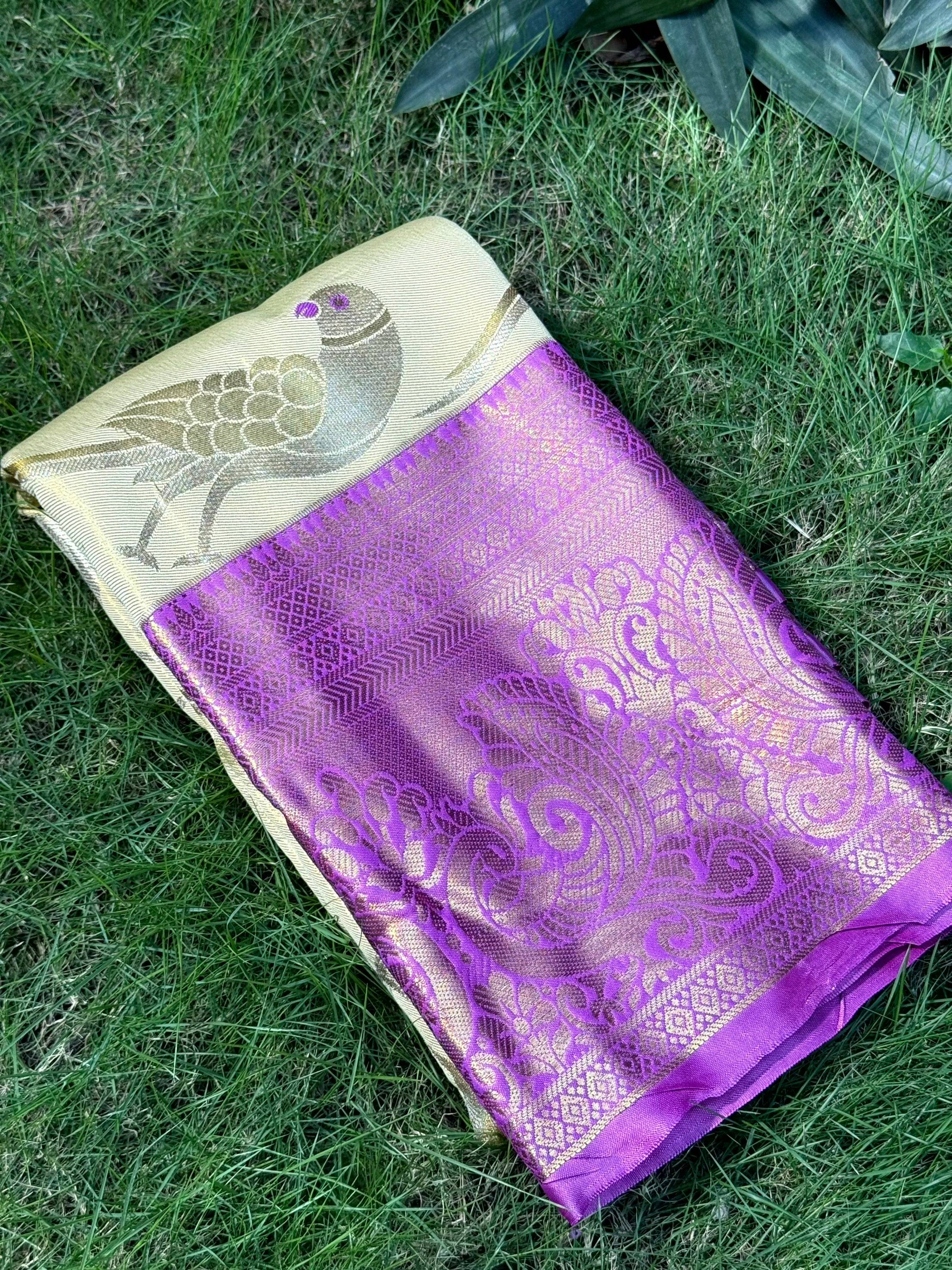 Beige Dharmavaram Gold Birds Print Saree